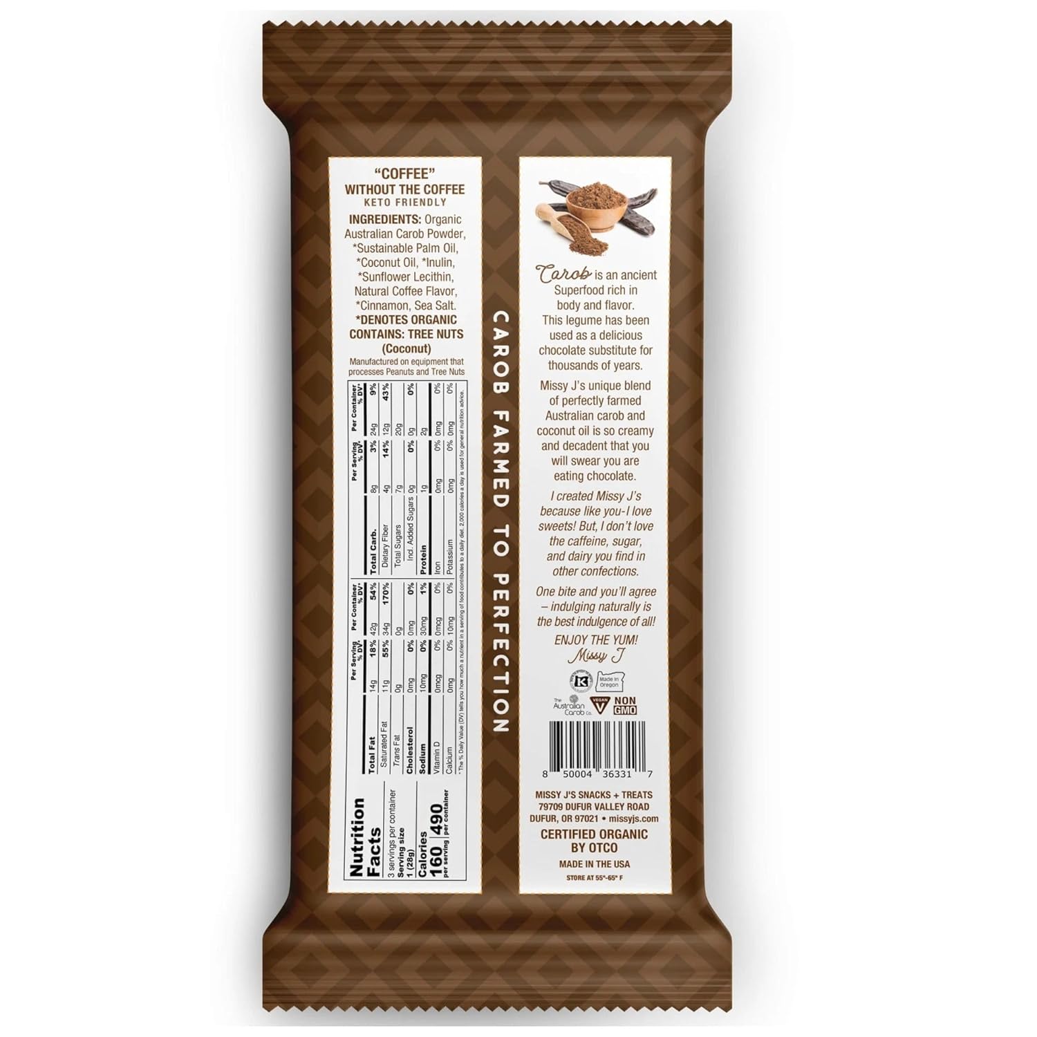 Missy J's Organic Carob Dark Delights Unsweetened Coffee Candy Bar 3 Oz 6 Pack, Vegan, Gluten and Caffeine Free, Healthy Substitute for Chocolate, Perfect for Snacks and Treats