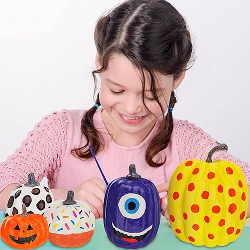 Miniatura 5 de Winlyn 7 juegos de pintura de calabaza de otoño surtidas calabazas de espuma blanca para pintar para niños, otoño, Halloween, fiesta de Acción de