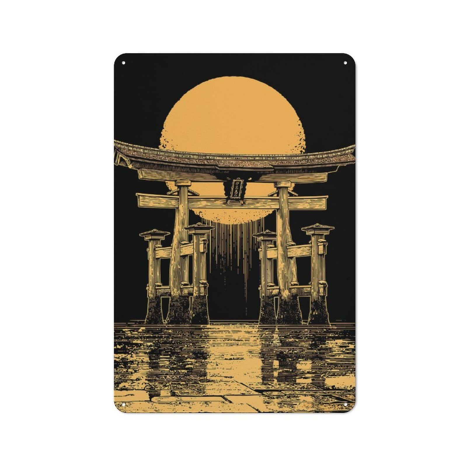 Junmoney Torii Gate With Rising Sun Illustration Vintage Metal Plaque 30X20cm For Workshop Wall, For Kitchen And Home Bar Decor, For Home Office And Studio Walls
