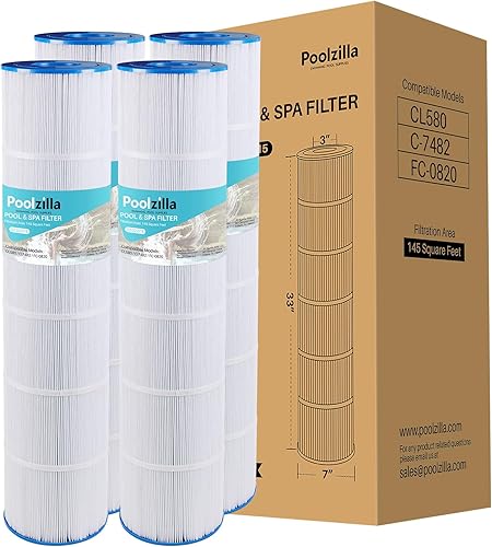 Poolzilla Paquete de 4 cartuchos de filtro de piscina de repuesto para Unicel C-7482, Jandy CL580, CV580, PJAN145, Filbur FC-0820, A0104100,