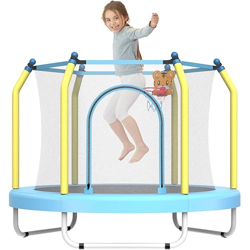 55" Trampoline for Kids, 440lbs Capacity Indoor & Outdoor Toddler Kids Trampoline with Basketball Hoop, Safety Enclosure, Birthday Gifts for Boy and Girl, Age 1-8