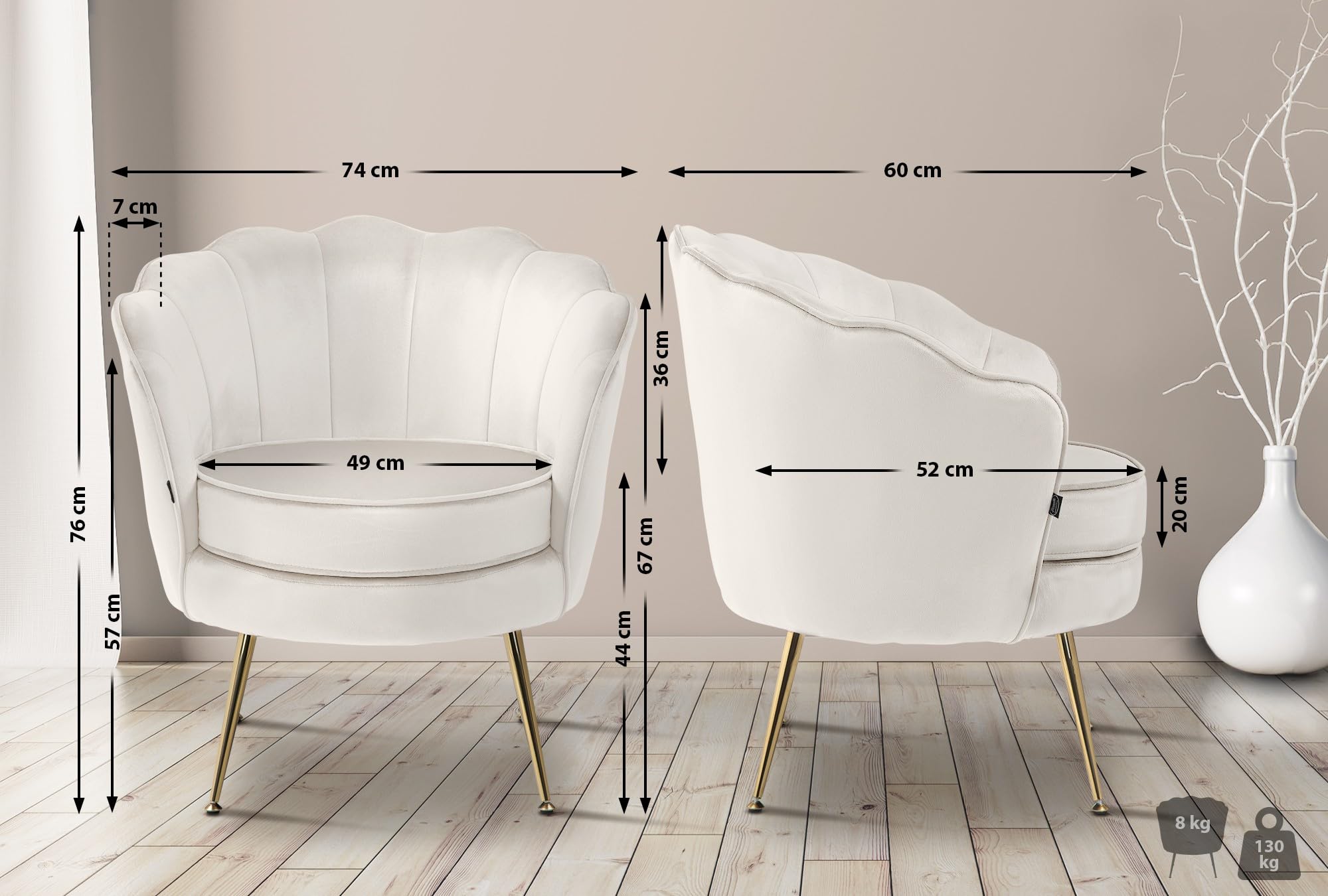 CLP Sessel Rosita I Polsterstuhl Mit Samt-Bezug I Gold-Farbiges Metallgestell, Farbe:Creme
