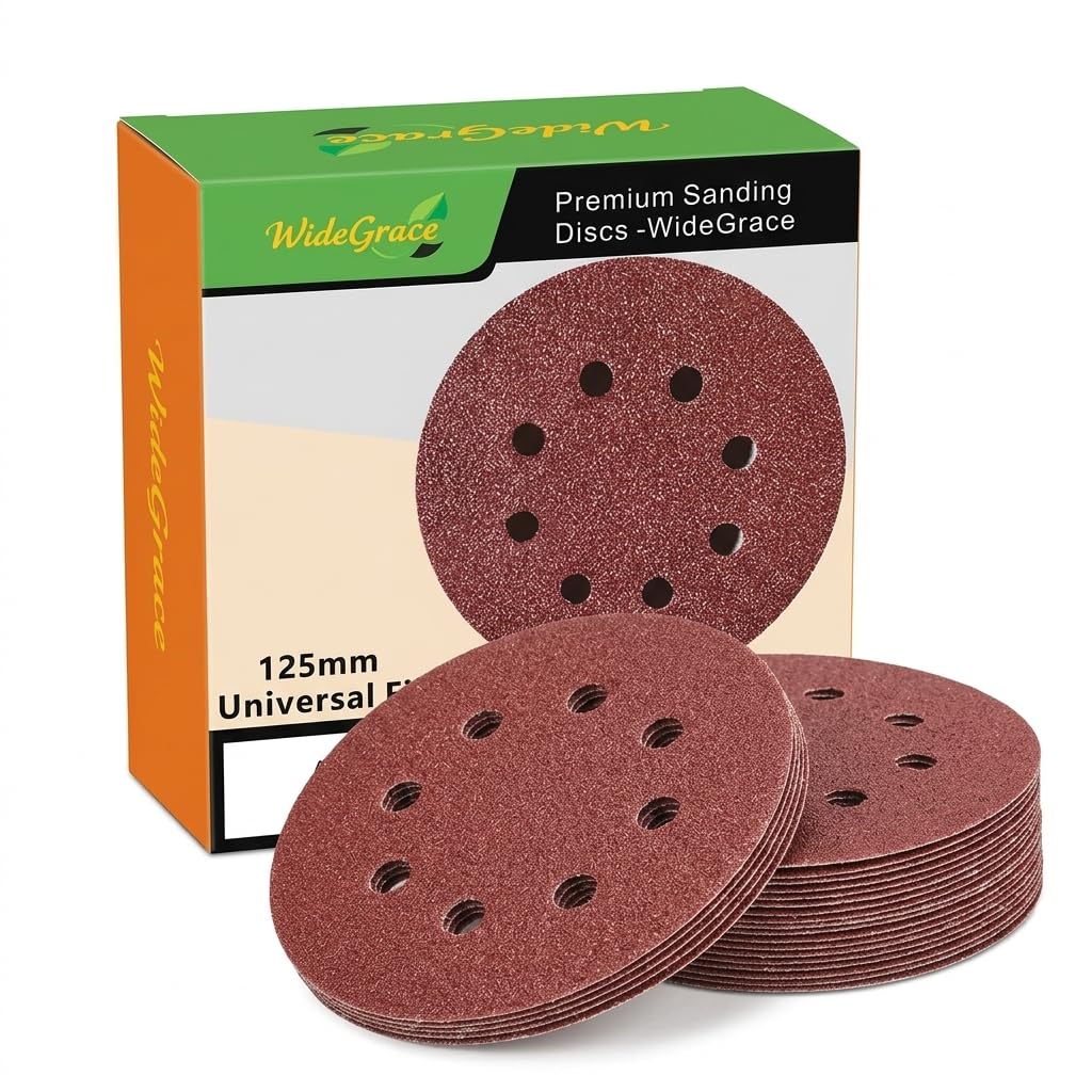 WideGrace 125mm Sanding Discs, 50 Pack Hook and Loop Sandpaper, Assorted Grits 40/80/120/240/400, 8-Hole Aluminium Oxide Sanding Pads for Random Orbital Sander, Wood, Metal & Automotive