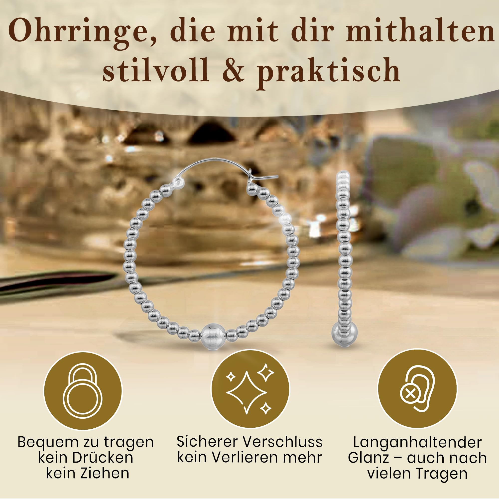 Cassini Ohrringe aus 925 Sterling Silber – 25, 35 oder 40mm große Creolen für Damen mit Klappverschluss, Hochglanzpoliert mit kleinen & großer Kugel.nickelfrei & antiallergisch 3CSB