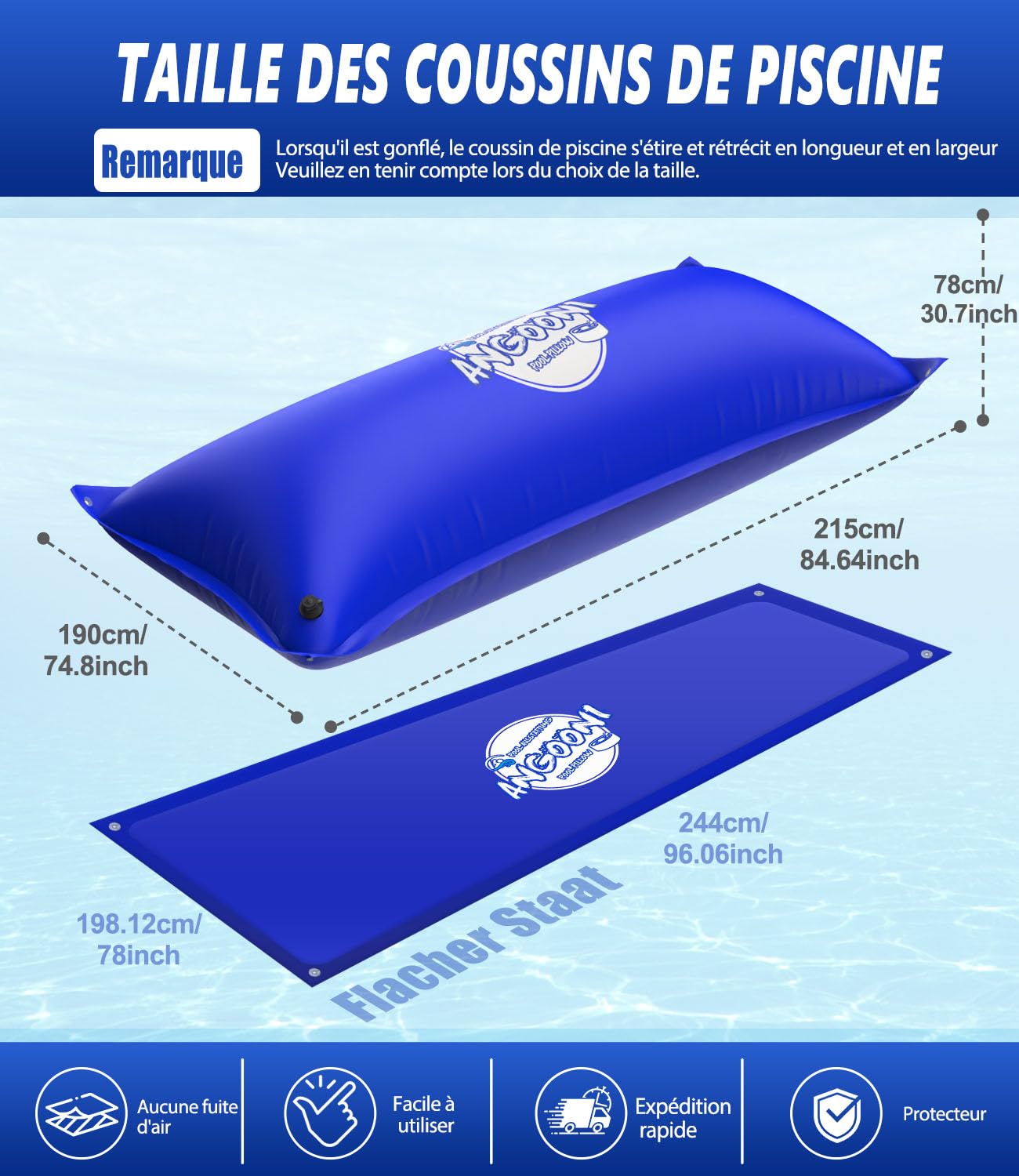 Angooni Coussin de piscine d'hiver XXL 200 x 240 cm | Coussin d'air pour piscine avec double couture pour couverture de piscine | Coussin de piscine pour l'hiver | Avec valve Boston double inflation |