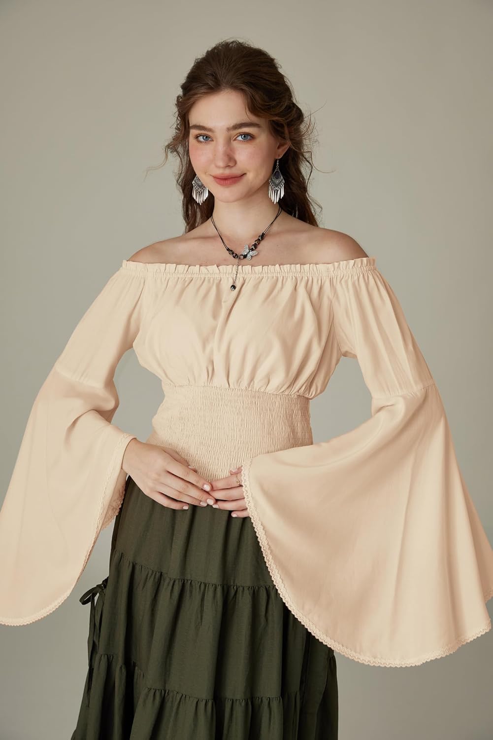 Scarlet Darkness Women Bell Sleeve Smocked Top Off The Shoulder Peasant Blouse Renaissance Pirate Shirt - Image 7