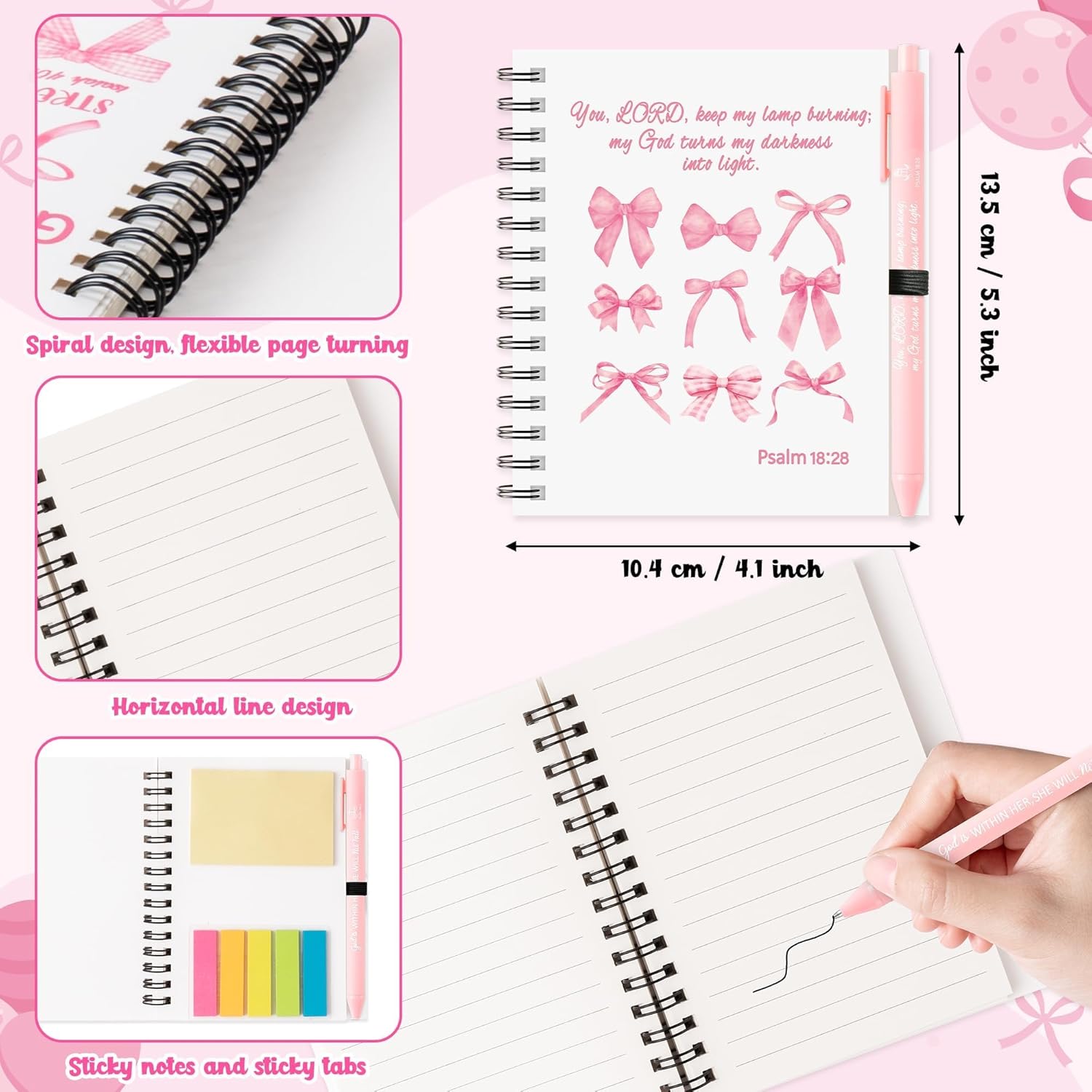 ANGOLIO Christian Gifts Bulk Religious Journal Spiral Notebooks with Pens Notepads 100th Day of School 24P Pink Bows Christian Bible Prayer Notebook with Sticky Notes Ballpoint Pens for Student Kid