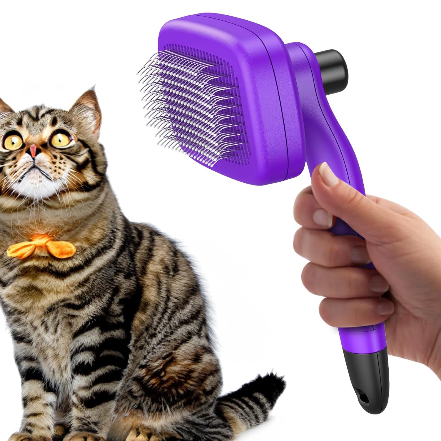 SelfCleaning Slicker Brush for Dogs & Cats. Retractable Wire Bristles Remove Loose