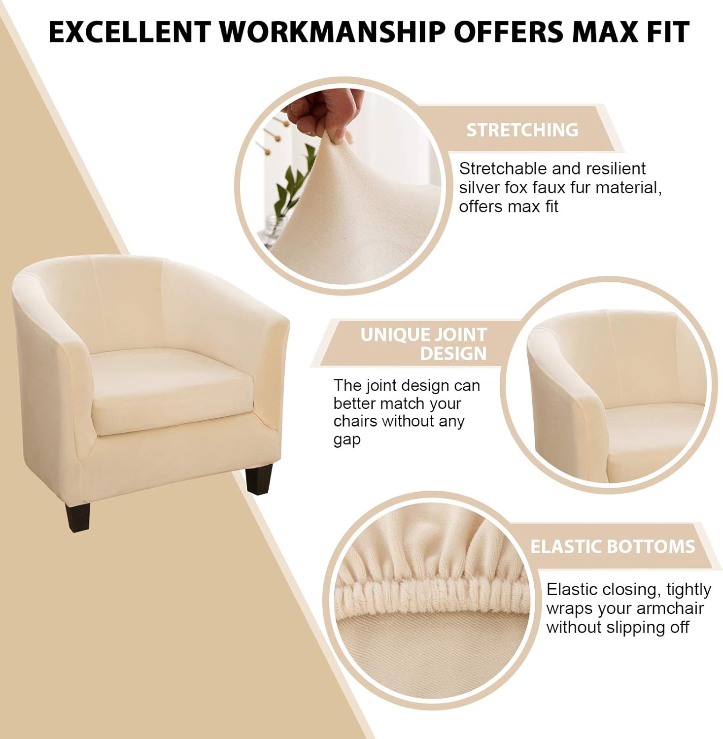 2 Pieces Club Chair Cover with Cushion Cover,Velvet Tub Chair Cover for Armchairs Furniture Protector Jacquard Spandex Couch Covers for Bar Counter Living Room Internet Cafes Hotel (Beige, 1 PCS)