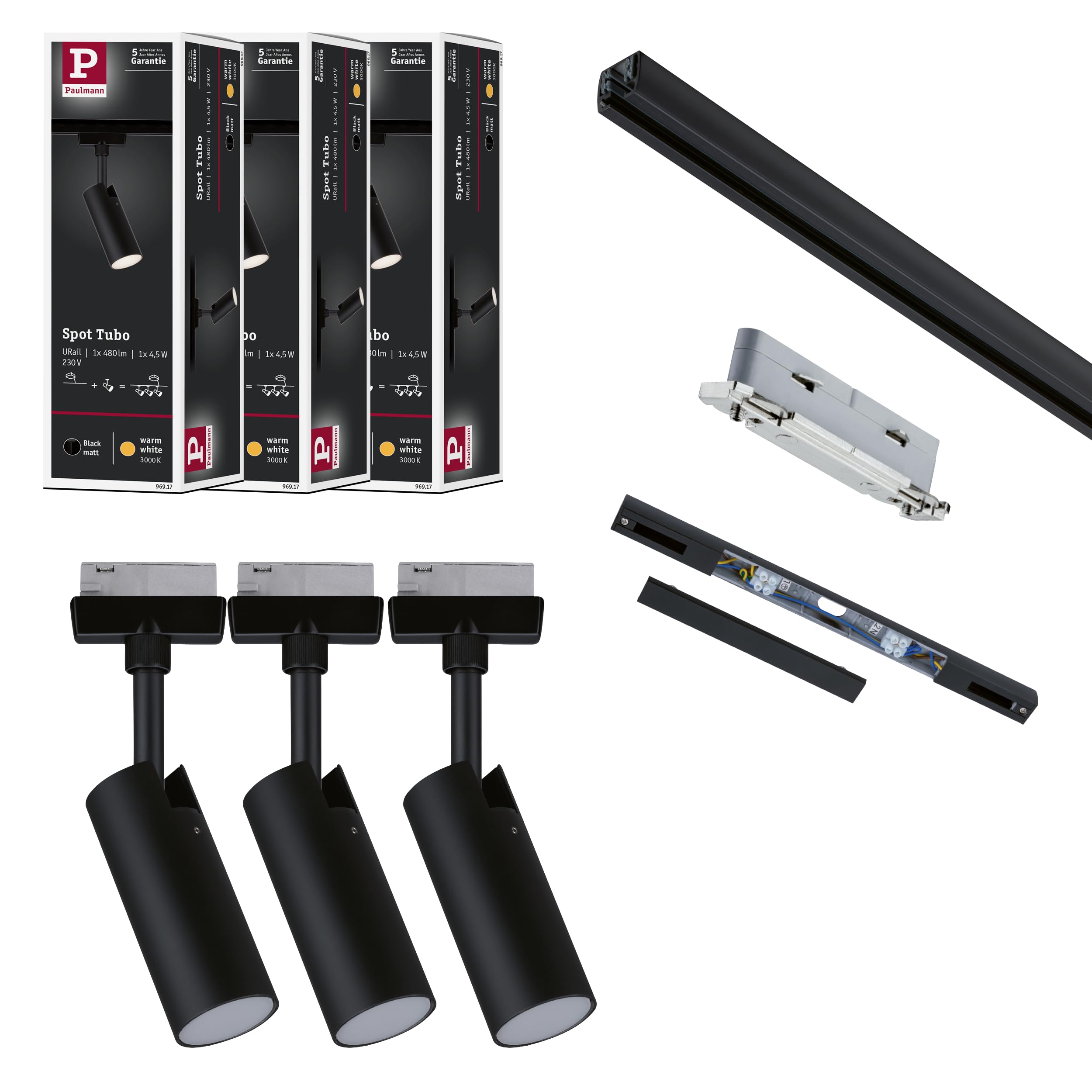 Paulmann 5227 URail LED Schienenspot Tubo Starterset 3x166lm 3x4,5W 3000K 230V Schwarz matt