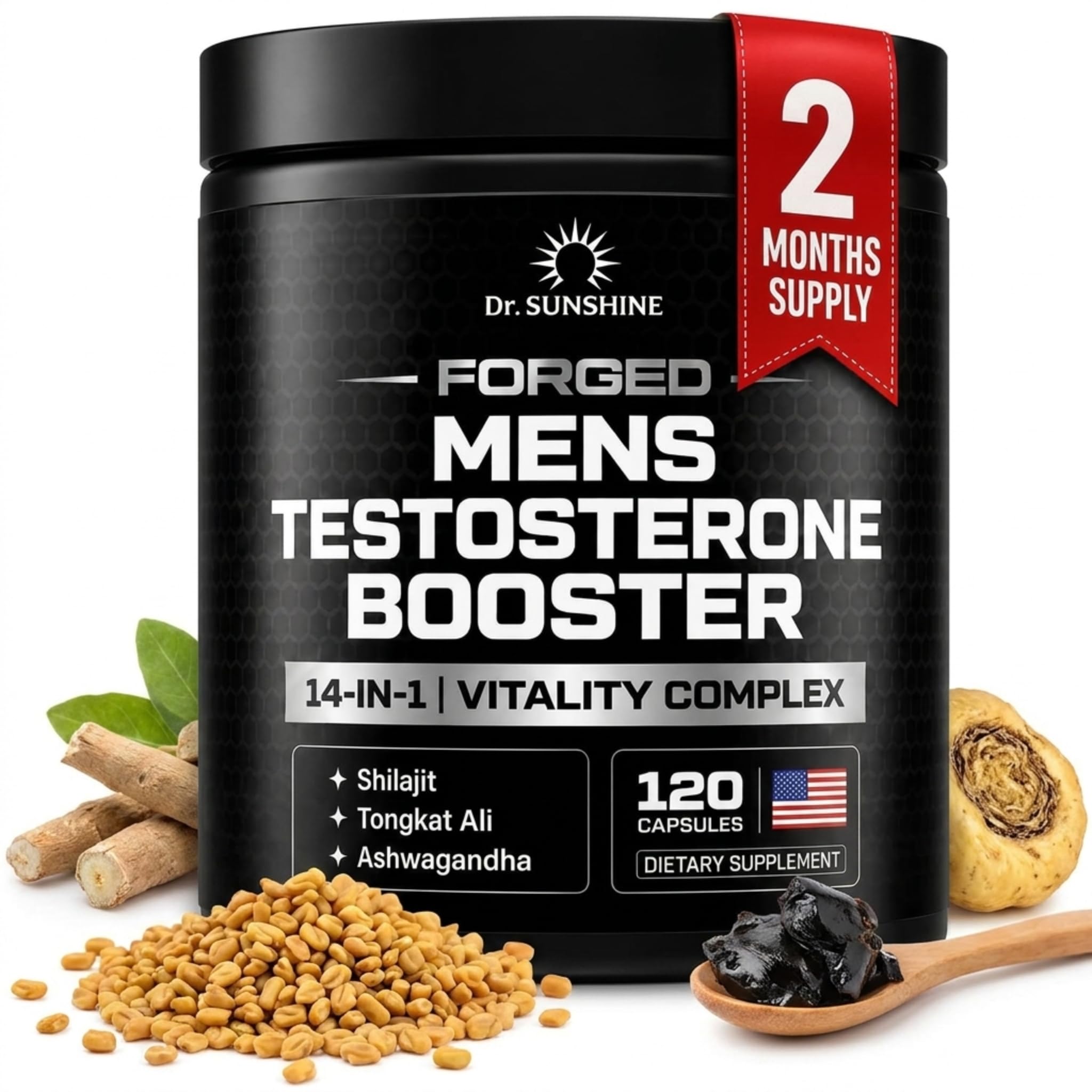 DR. SUNSHINE Suplemento para testosterona com ashwagandha, feno-grego, shilajit, tongkat ali e vitamina D3 — 120 cápsulas