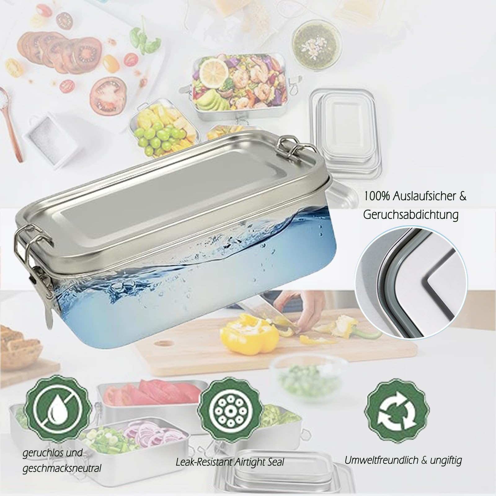 Zestaw 4 pudełek na lunch ze stali nierdzewnej 304, do sałatek i pozostałych posiłków, duże pudełko na lunch ze stali nierdzewnej (550 x 2/850/1400 ml)