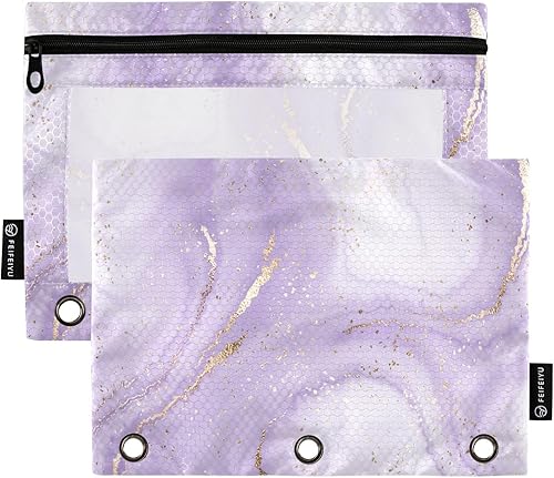 Coikll Estuche para lápices ondulado de mármol morado se adapta a carpetas estándar de 3 anillas, bolsa de lápices con cremallera con ventana