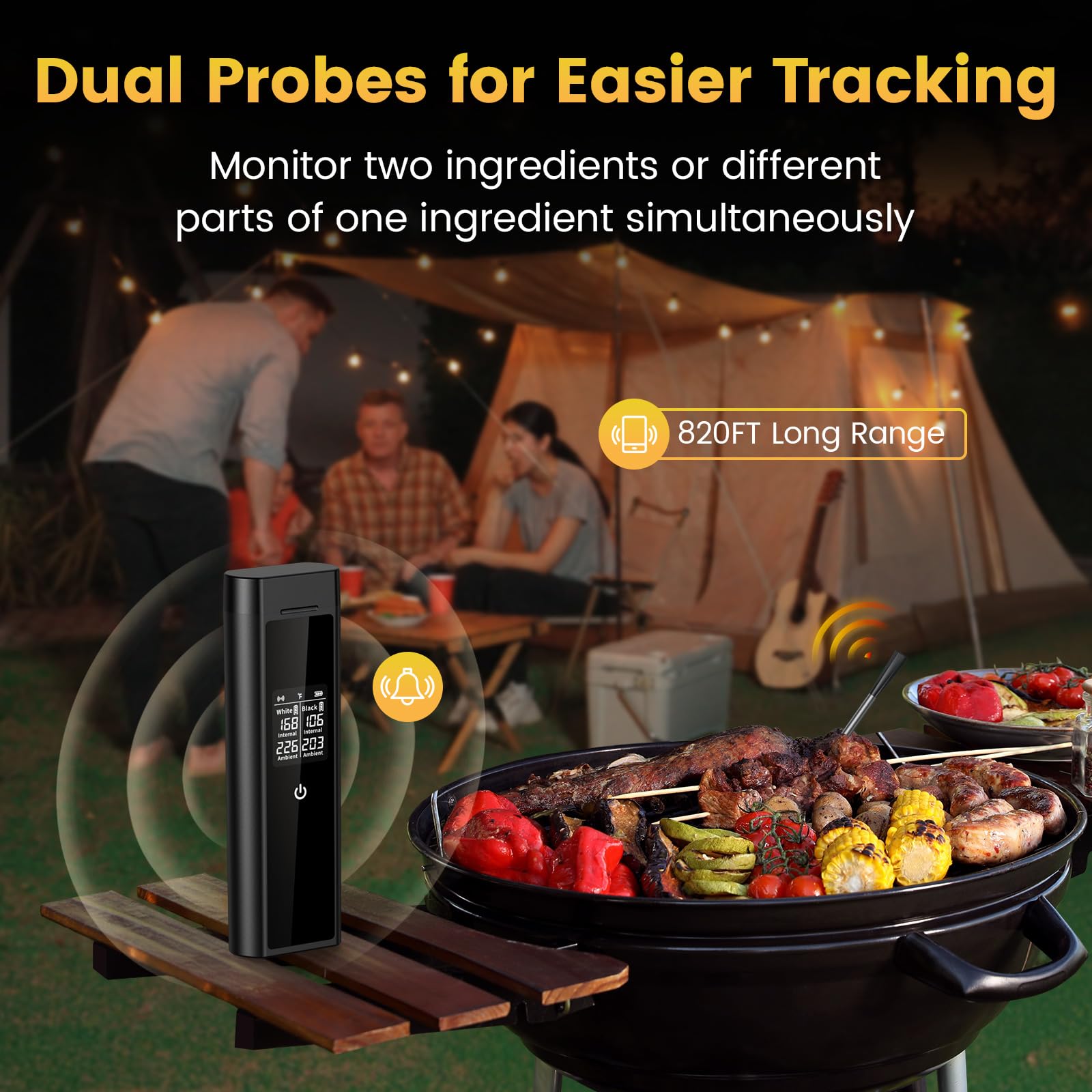 Termometro per carne senza fili, doppia sonda | termometro Bluetooth per grill, IP67, impermeabile, portata 250 m, lavabile in lavastoviglie, termometro per forno, barbecue, affumicatore, barbecue e