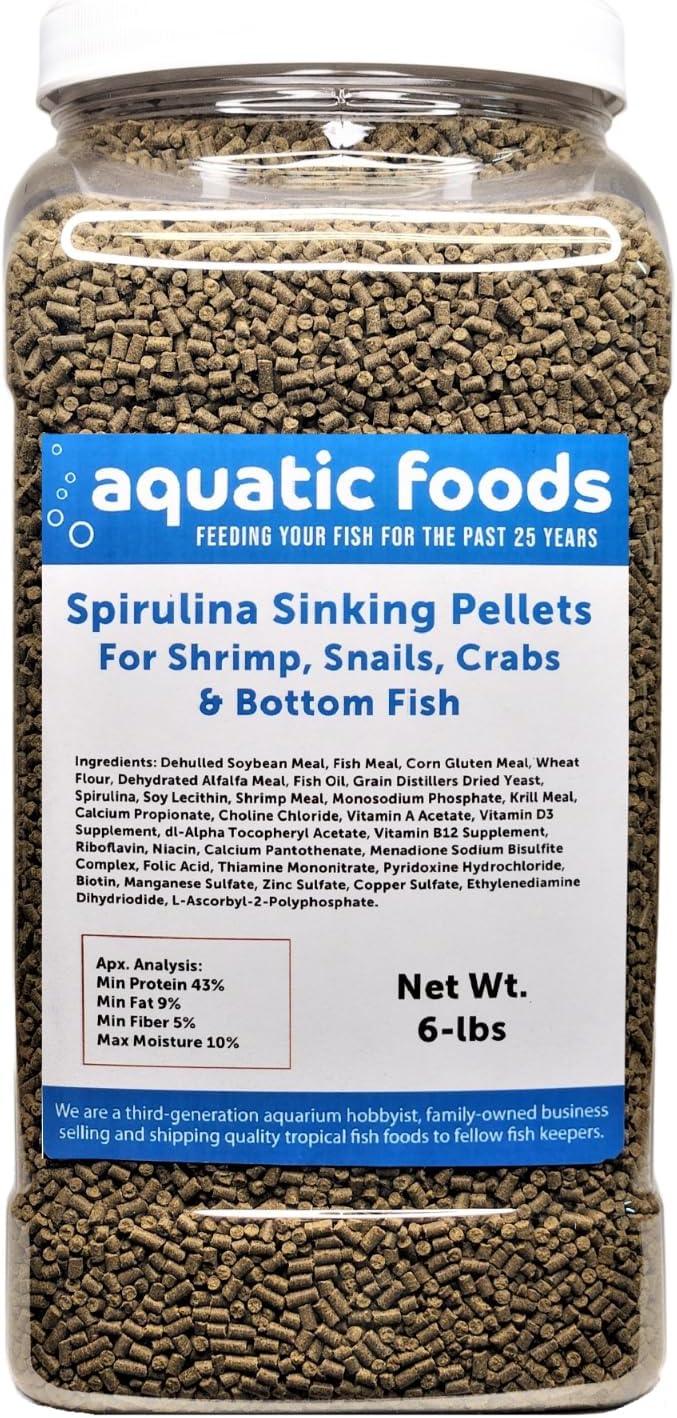 Aquatic Foods Inc. Spirulina Sinking Pellets for Shrimp, Snails, Crabs, Catfish, Plecos for All Tropical Fish 1/16" x 3/8" Pellets by Zeigler…2-lb 8oz Med Jar
