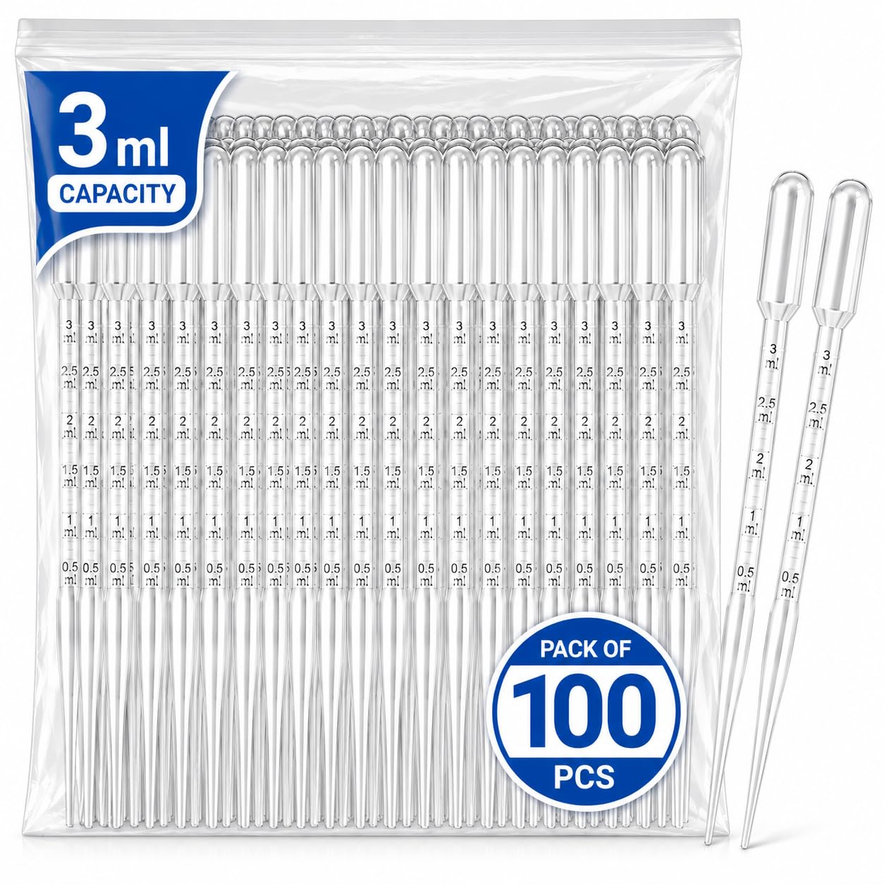 Premium 3ml Transfer Pipettes(Pack of 100Pcs), Clear Plastic Graduated Dropper with 0.5ml Markings, Strong Suction Laboratory Pasteur Pipette for Liquid Transfer, Paint Crafts, Experiments-image-3