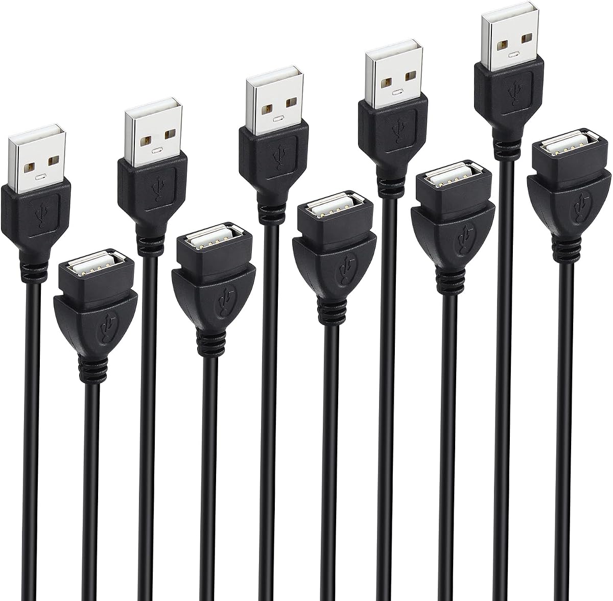 USB Extension Cable, Male to Female Extender Cord, 5-Pack 5ft Black | USB Type A 2.0 Extension Cables, Data Transfer, Bulk