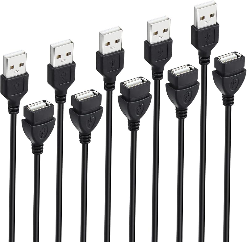USB Extension Cable, Male to Female Extender Cord, 5-Pack 5ft Black | USB Type A 2.0 Extension Cables, Data Transfer, Bulk