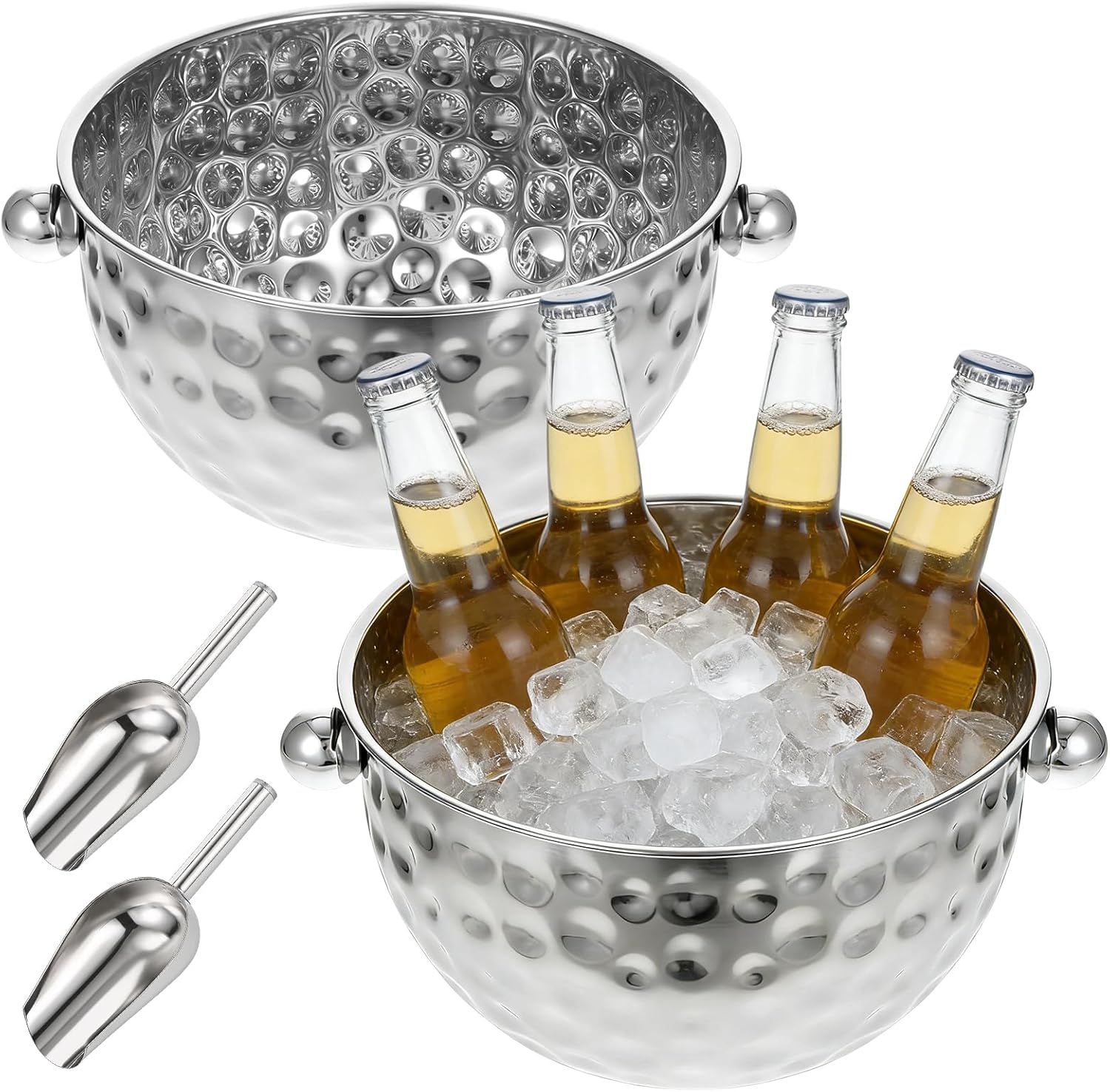 2 Pack Ice Buckets with Scoops, 4.6L&6L Metal Beverage Tubs, Stainless Steel Wine Bucket, Champagne Bucket, Large Ice Buckets for Parties Beer Bottle Drinks, Dishwasher Safe