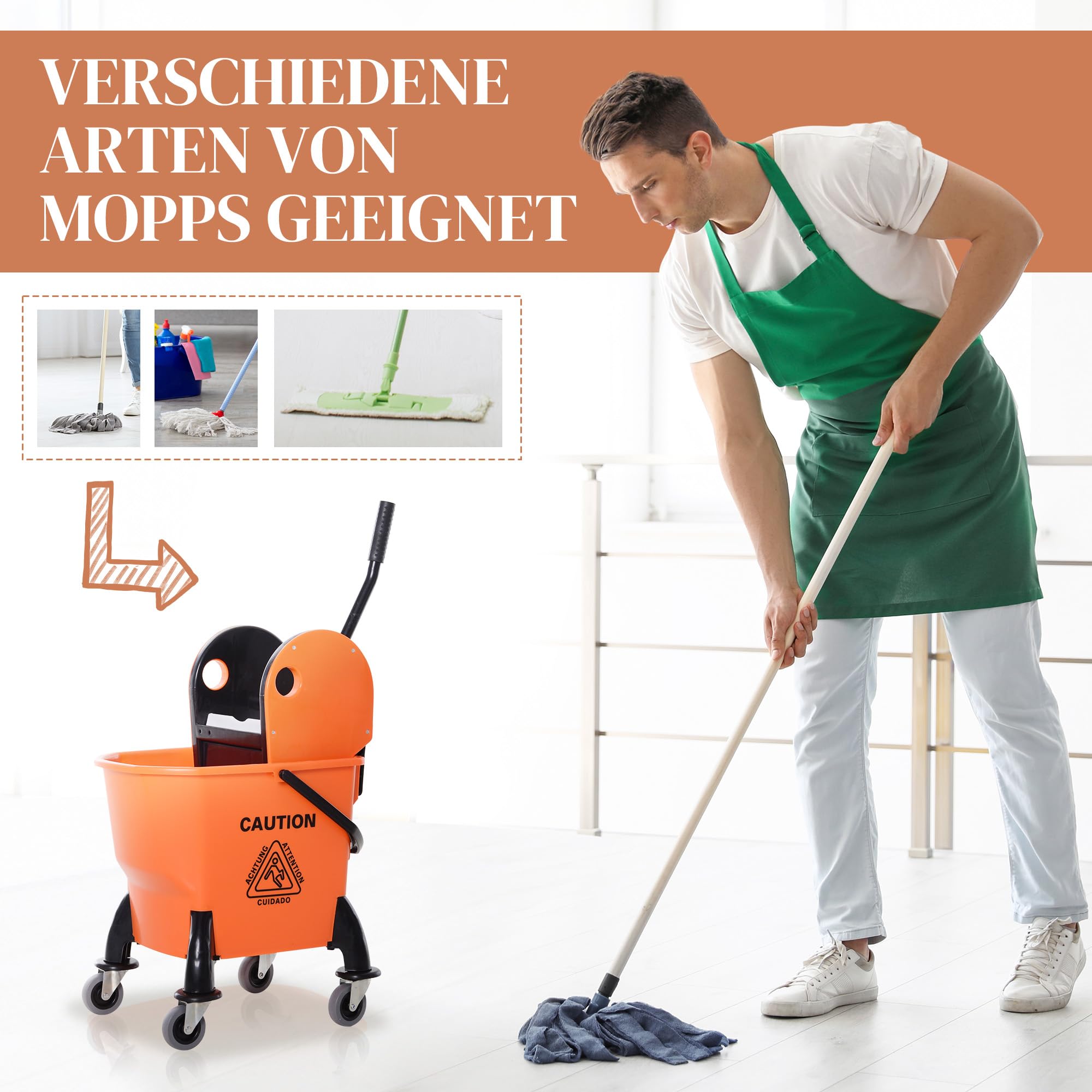 HOMCOM Professioneller Reinigungswagen 26L Abnehmbare Wringer mit Rädern 44×36×90cm Orange