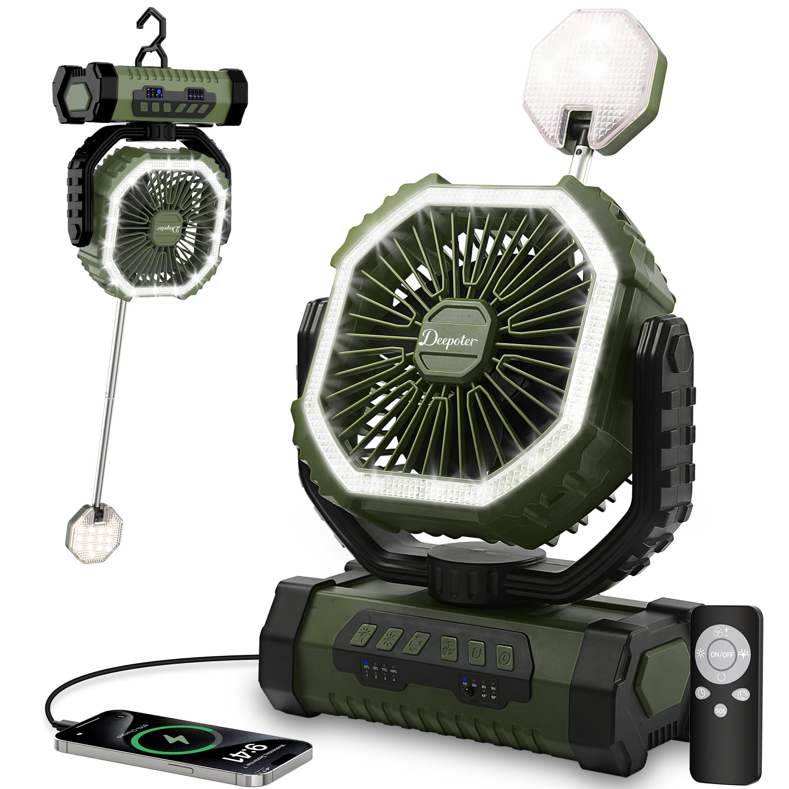 OUTACT Camping Fan, Portable Fan with Hook (Green)