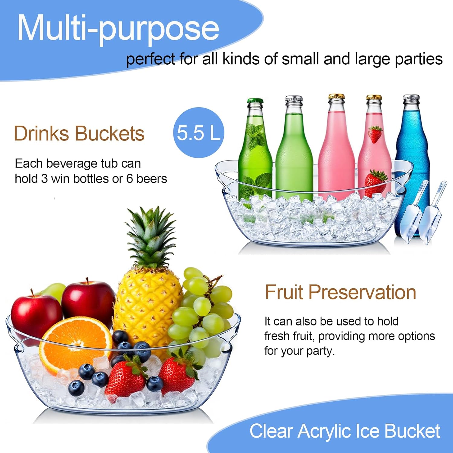 Emycool Ice Bucket, 5.5L Large Ice Buckets for Parties and Freezer, Plastic Beverage Tub for Cocktail Bar with Scoops for Wine, Champagne, Beer (4PCS)