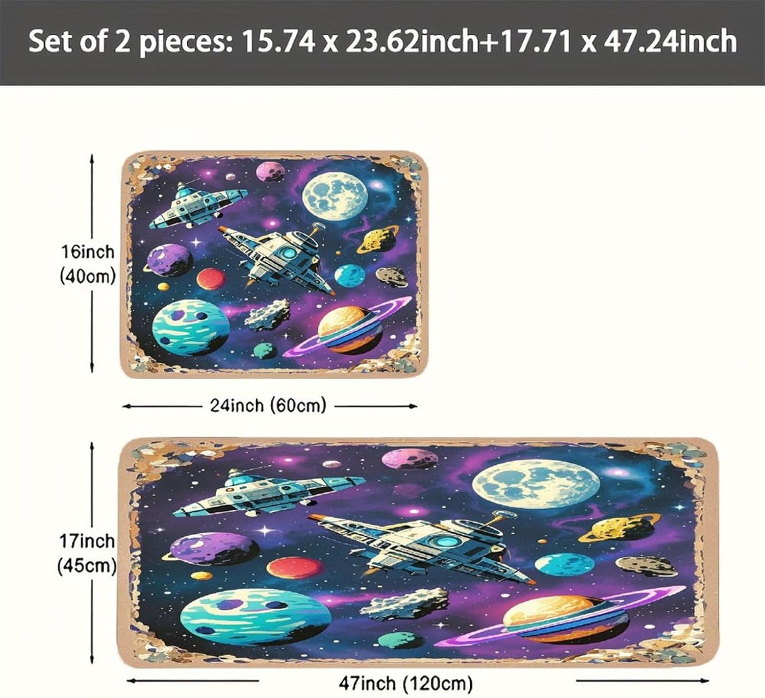 Retro Space Theme Kitchen Mats for Floor 2PCS Waterproof Non-Slip Kitchen Rugs Cushioned Anti-Fatigue Mat Heavy Duty Floor Mats Comfort Standing Mat for Kitchen Home Office Laundry image 5