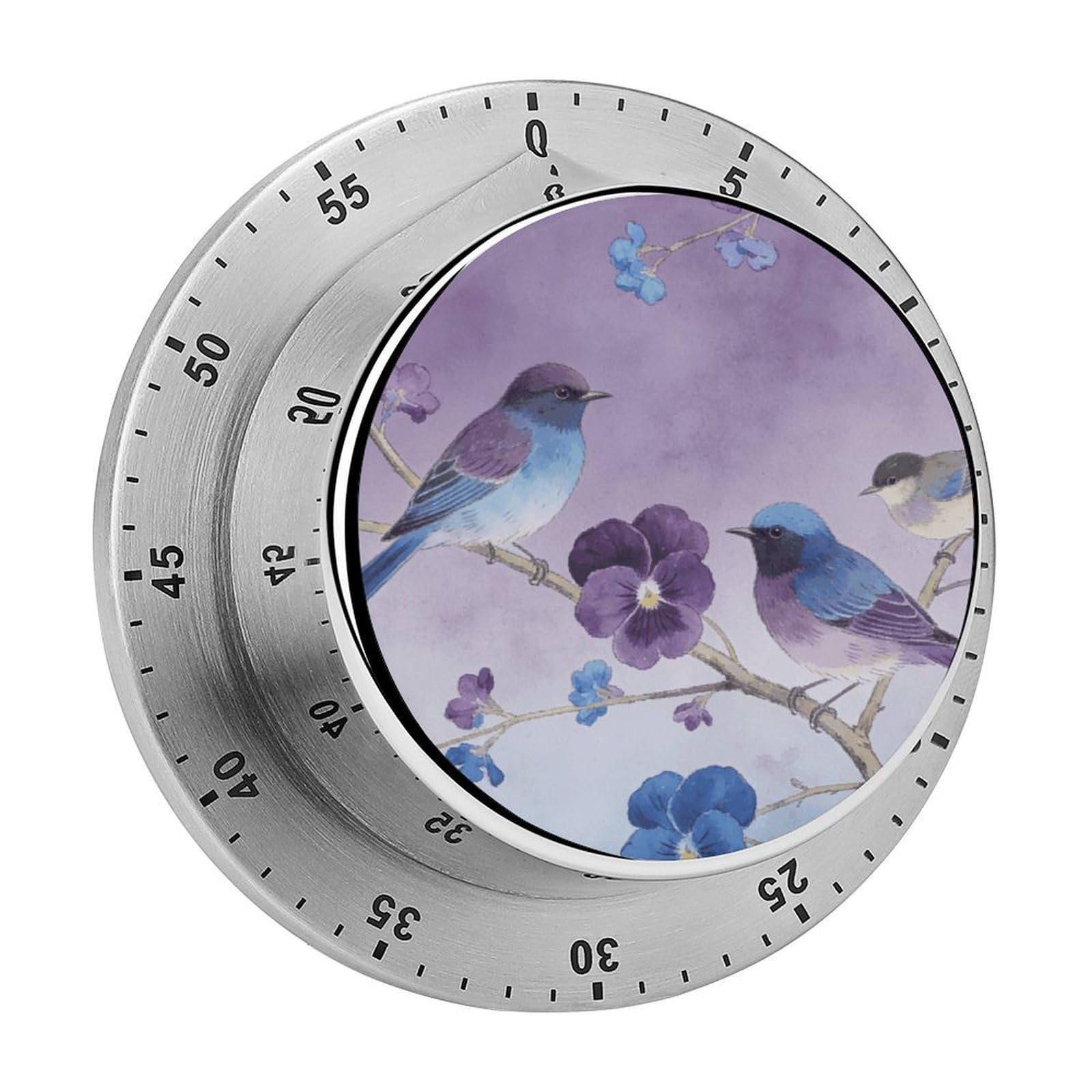 Pansy Purple Oxford Blue Branches Birds Flowers Mechanical Kitchen Timer, Magnetic Stainless Steel Countdown Timer, Loud Alarm Cooking Timer for Baking, Cooking, Fitness, Classroom, No Battery Needed