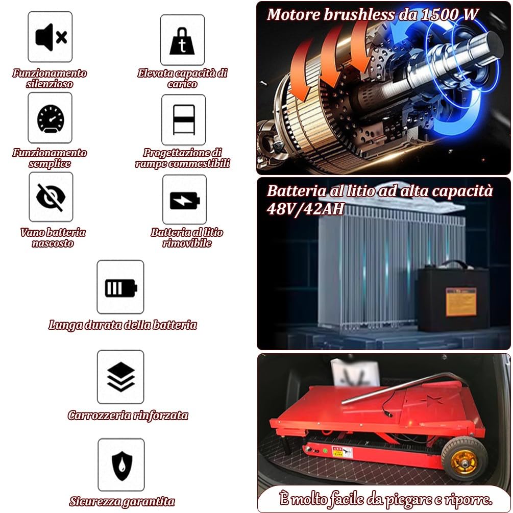 Carrello Montascale Elettrico per Trasporto Pesante 1500W Motore 1100lbs/500kg capacità Carrello Saliscale Elettrico 48V42AH 6-8H Autonomia per Déménagement Magazzino