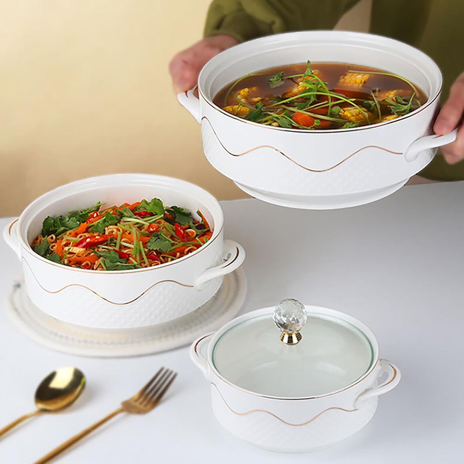 Soup Tureen With Glass Lid And Spoon Ceramic Covered Tureen For Soup, Porcelain Serving Soup Bowls For Restaurant Home Kitchen Decoration,Soup Serving Bowl With Lid(0.9qt)