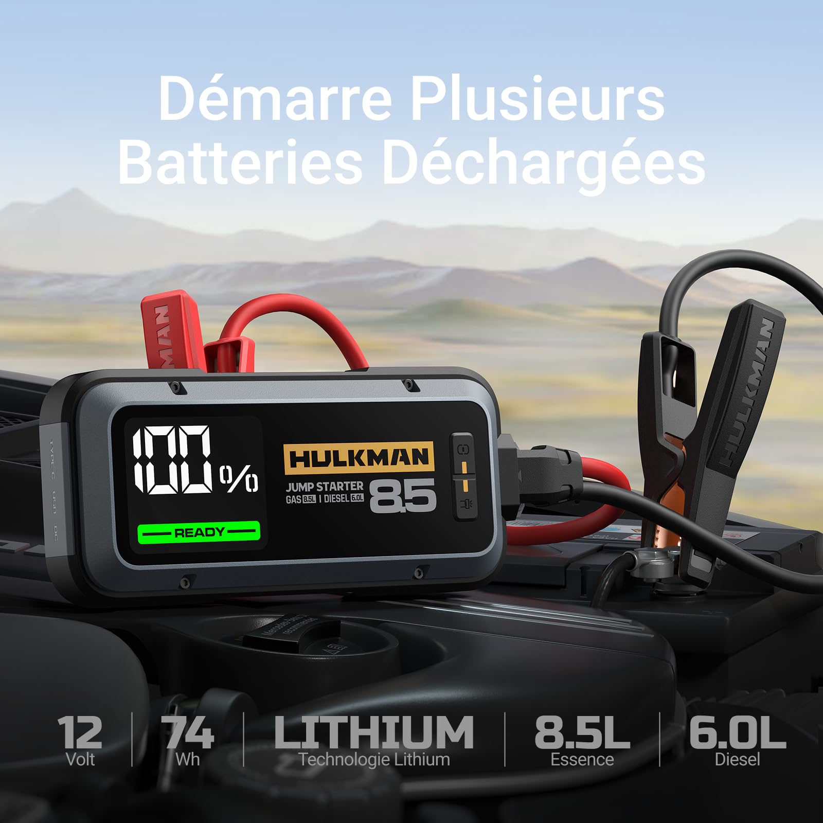 HULKMAN Alpha85 Booster Batterie Voiture, 2000 Amp 20000mAh, Grand et Pratique Écran LED, Démarreur à Batterie au Lithium de 12V, pour Moteurs à Essence jusqu'à 8,5L, à Diesel jusqu'à 6L