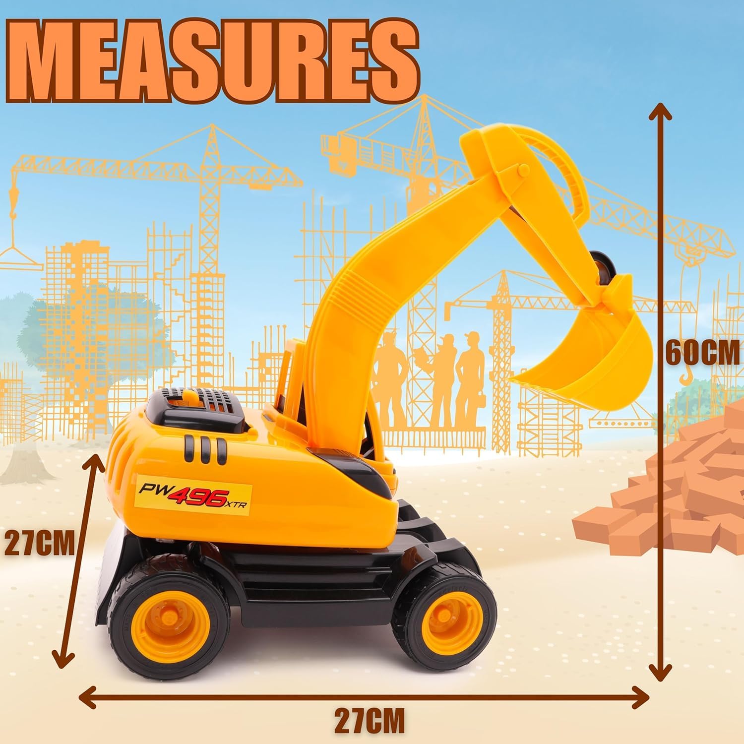 Toyland® 60 cm (24") - Excavadora Gigante de Juguete con calcomanías Adhesivas - Brazo móvil y balde - Juguetes de construcción