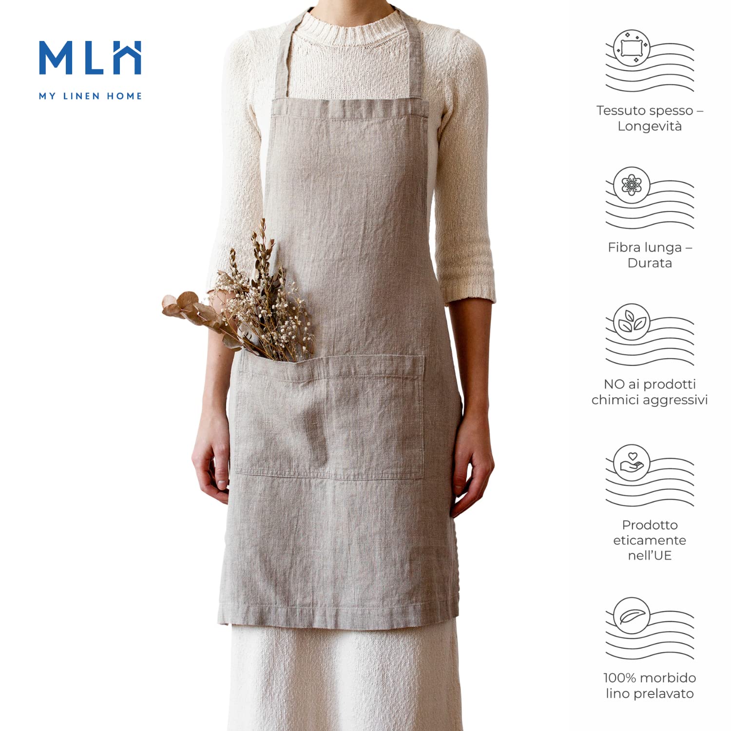 My Linen Home I Grembiule in Lino Lavato (100% StoneWashed) I Grembiule Cucina Donna I Grembiule da Cucina con 2 Tasche per Cucinare I Grembiule Cucina Uomo I Misura Regolabile
