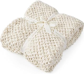 Amélie Home Chunky Knit Throw Blanket Handmade Crochet Honeycomb Chunky Knit Blanket Soft Fluffy Textured Mulberry Woven Luxury Throw for Farmhouse Throws for Couch Sofa Bed (Cream,50x 60)