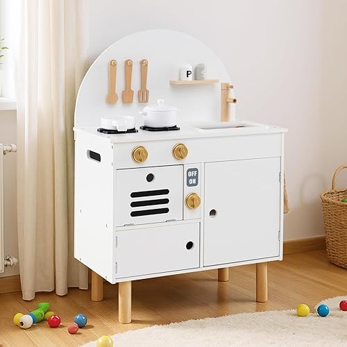 Miniatura 9 de Costzon Juego de cocina para niños, cocina con estufas, grifo, fregadero, microondas, gabinete, horno y accesorios de cocina, cocina de madera para