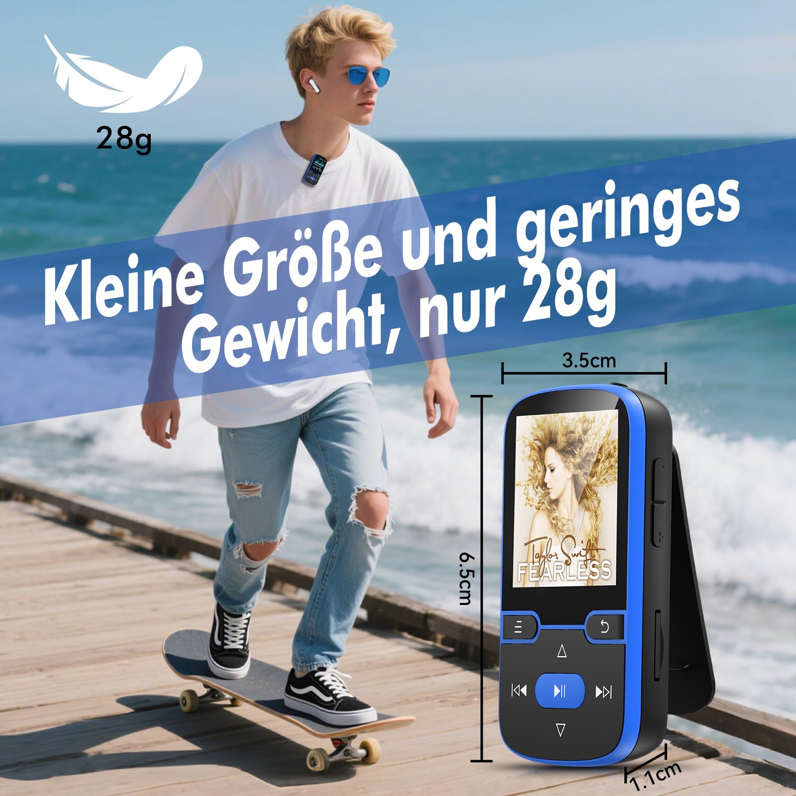 64 GB MP3 Player Bluetooth 5.3 mit Clip für Kinder Tragbarer mit FM-Radio