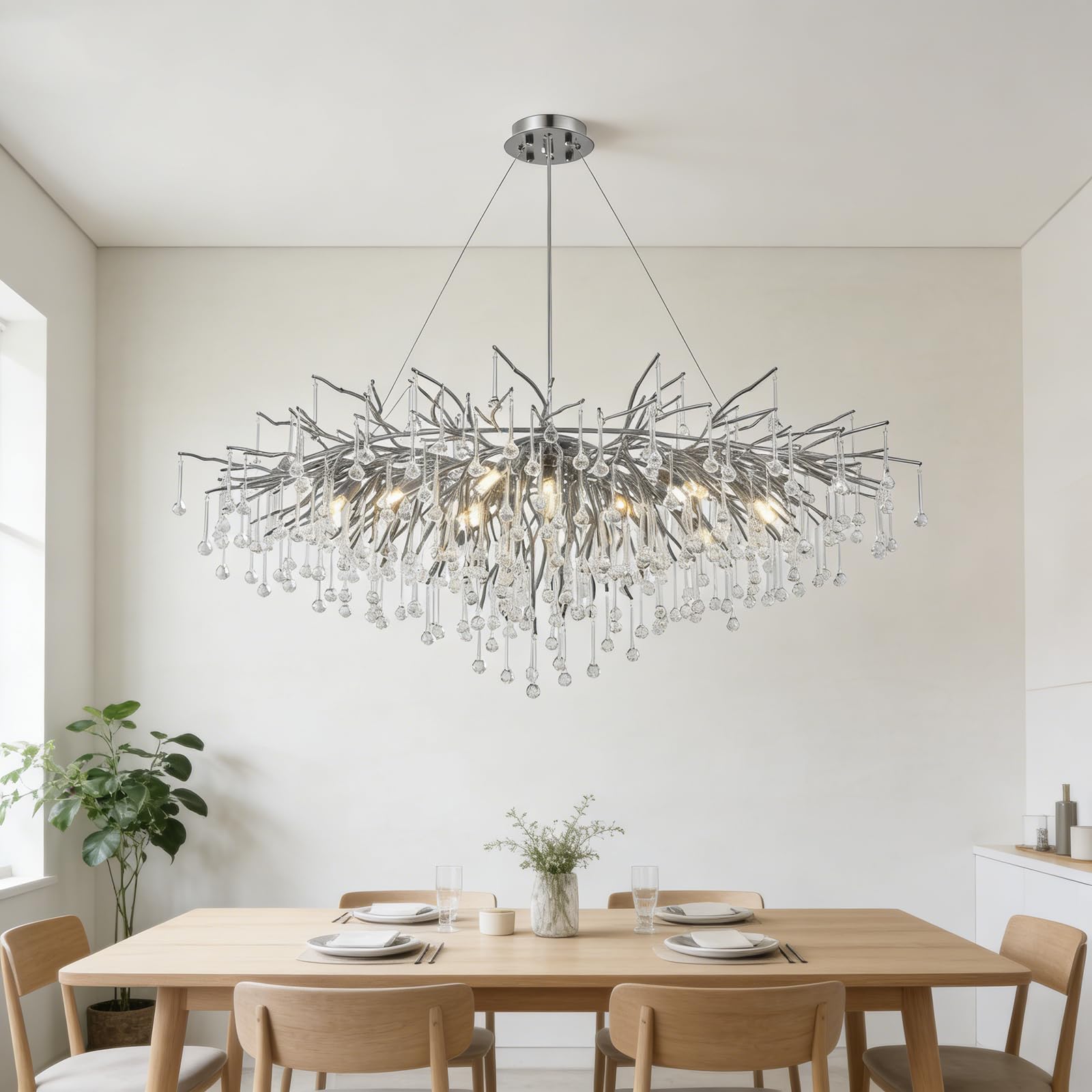 KXEcoLife Modern Crystal Chandelier, Rectangular Tree Branch Raindrop Chandelier Large Pendant Light Fixtures Kitchen Island Hanging Fixture for High Ceiling, Dining Room, Foyer - L100CM,Si