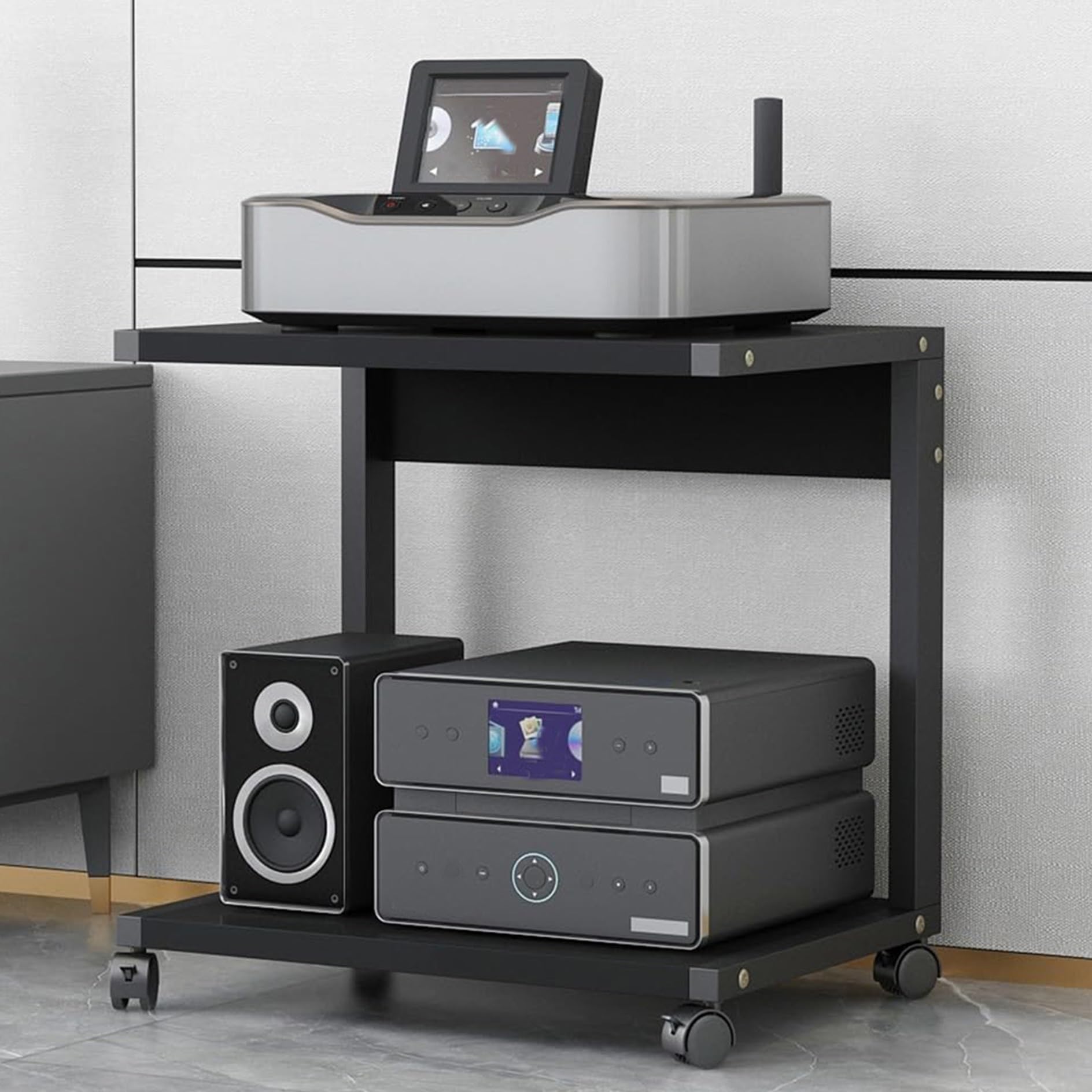 Supporto multimediale AV a 2 livelli con ruote, per accessori TV, console di gioco, DVD/CD/giradischi/Xbox/PS5/proiettore, nero, 50 x 40 cm
