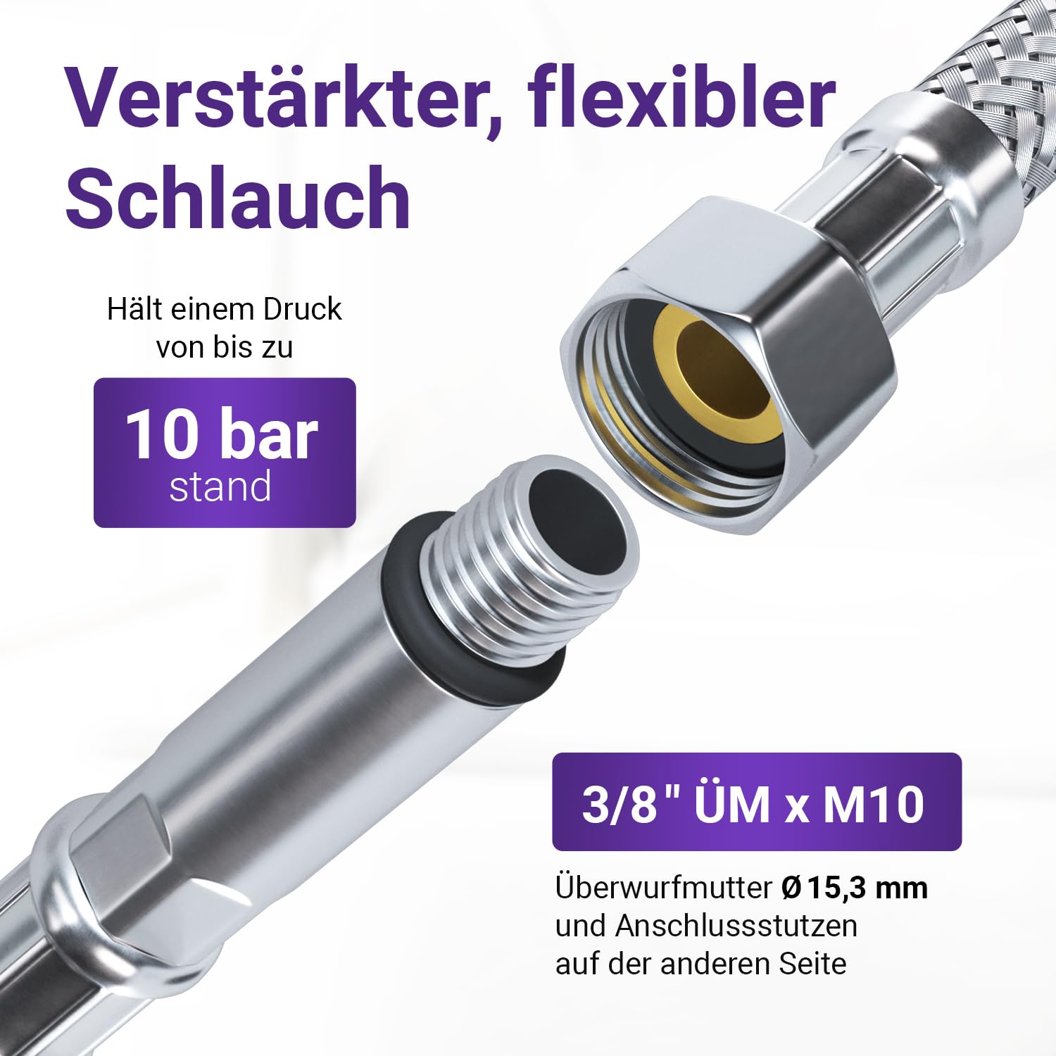 Viоks.pro 100 cm tubo di collegamento 3/8 pollici ÜM x M10 in acciaio inox – Tubo doccia 1 m tubo in gomma intrecciato – Tubo flessibile per rubinetto 3/8 pollici