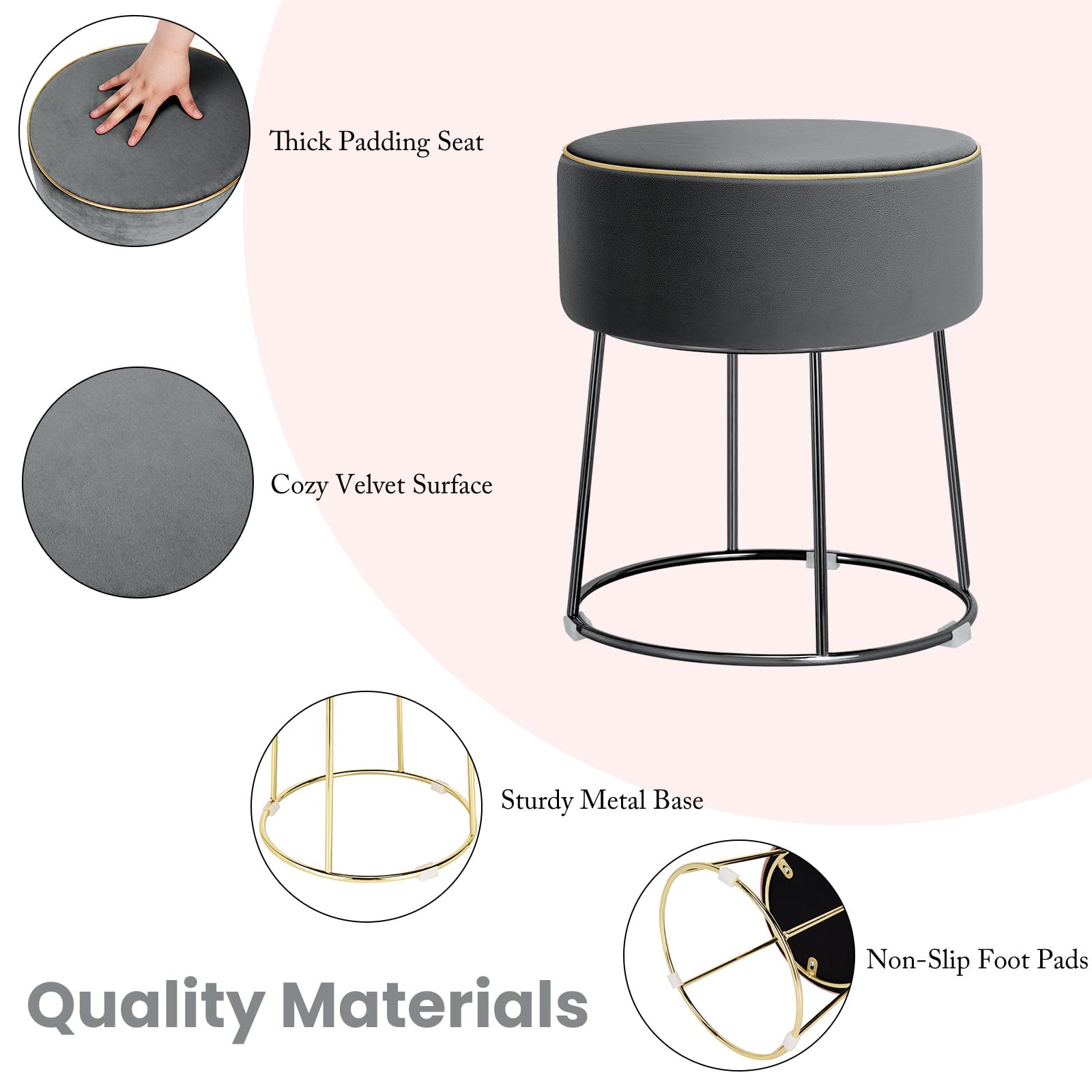 HOMASIS Kleiner Hocker für Schminktisch, runder Sitzhocker aus Samt, Fußhocker mit Metallbeinen, eleganter Polsterhocker, Schminkhocker Fußstütze für Wohnzimmer Schlafzimmer (Grau)