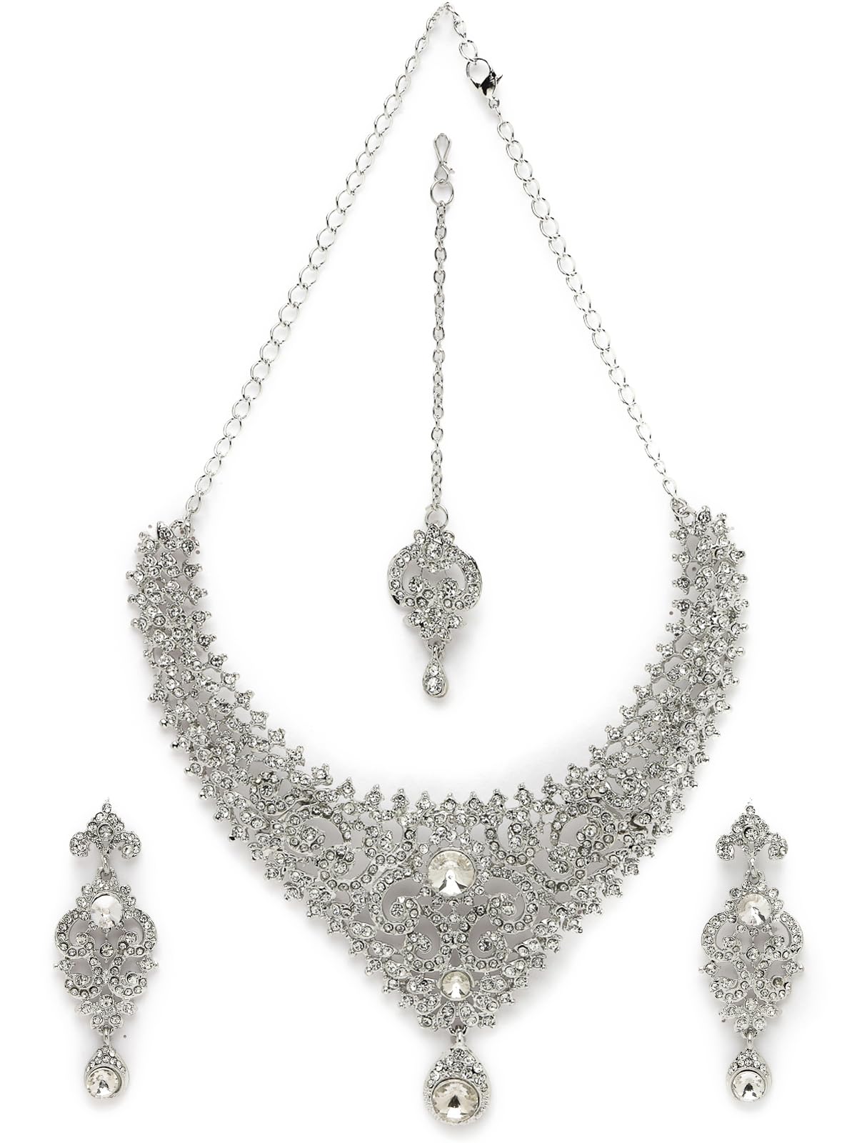 Sukkhi Flawless Rhodium Plated Silver AD White Stone Collar Bone Necklace Set With Earring And Maangtika | Jewellery Set For Women (NS105665) (B0CBB8WBQW) Amazon Price History, Amazon Price Tracker