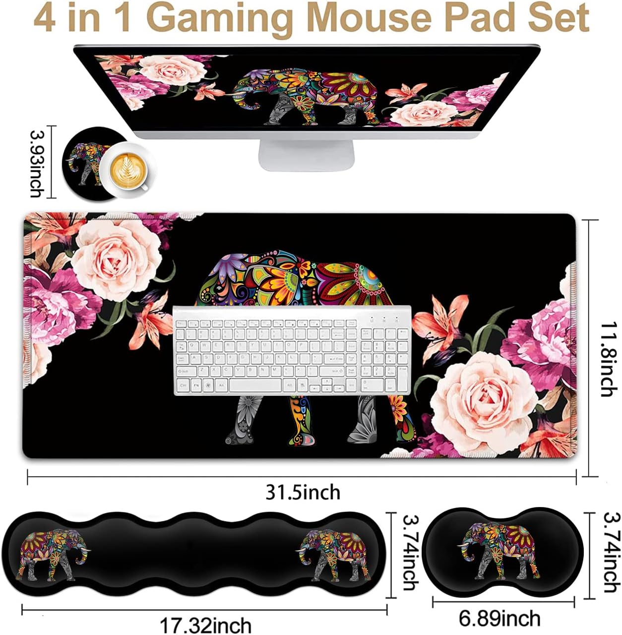 Gaming Mouse Pad XXL Large Desk Mat Non-Slip Rubber Mice, Stitched Edges(31.5x11.8 in) Ergonomic Memory Foam Keyboard Wrist Rest, Cute Funy Anime Cartoo Colorful Elephant Black Extended Mouse Pad Set