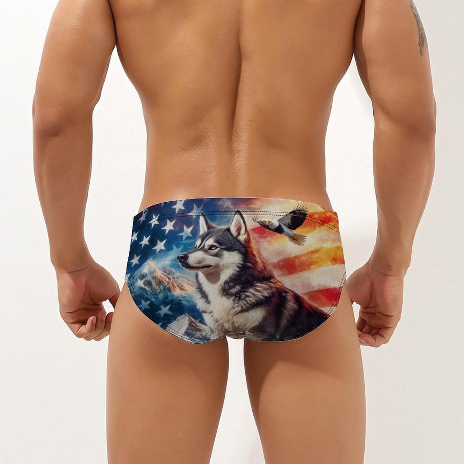 Husky Ea-gles U.S Flag Men's Swimsuit Brief Sexy Bikini Briefs Retro Printed Swimwear Quick Dry Swimming Trunks 3X-Large