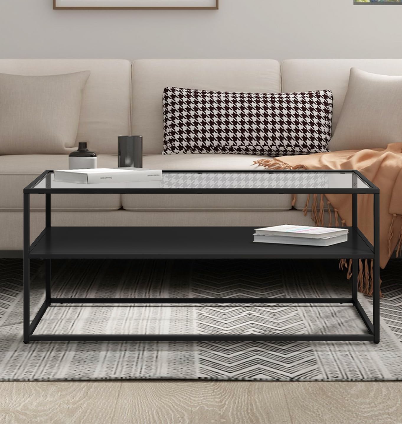 Hallowood Furniture Bewdley Black Metal Coffee Table with Glass Top, Industrial Style Large Rectangular Centre Living Room Table with Shelf for Modern Living Rooms or Lounges