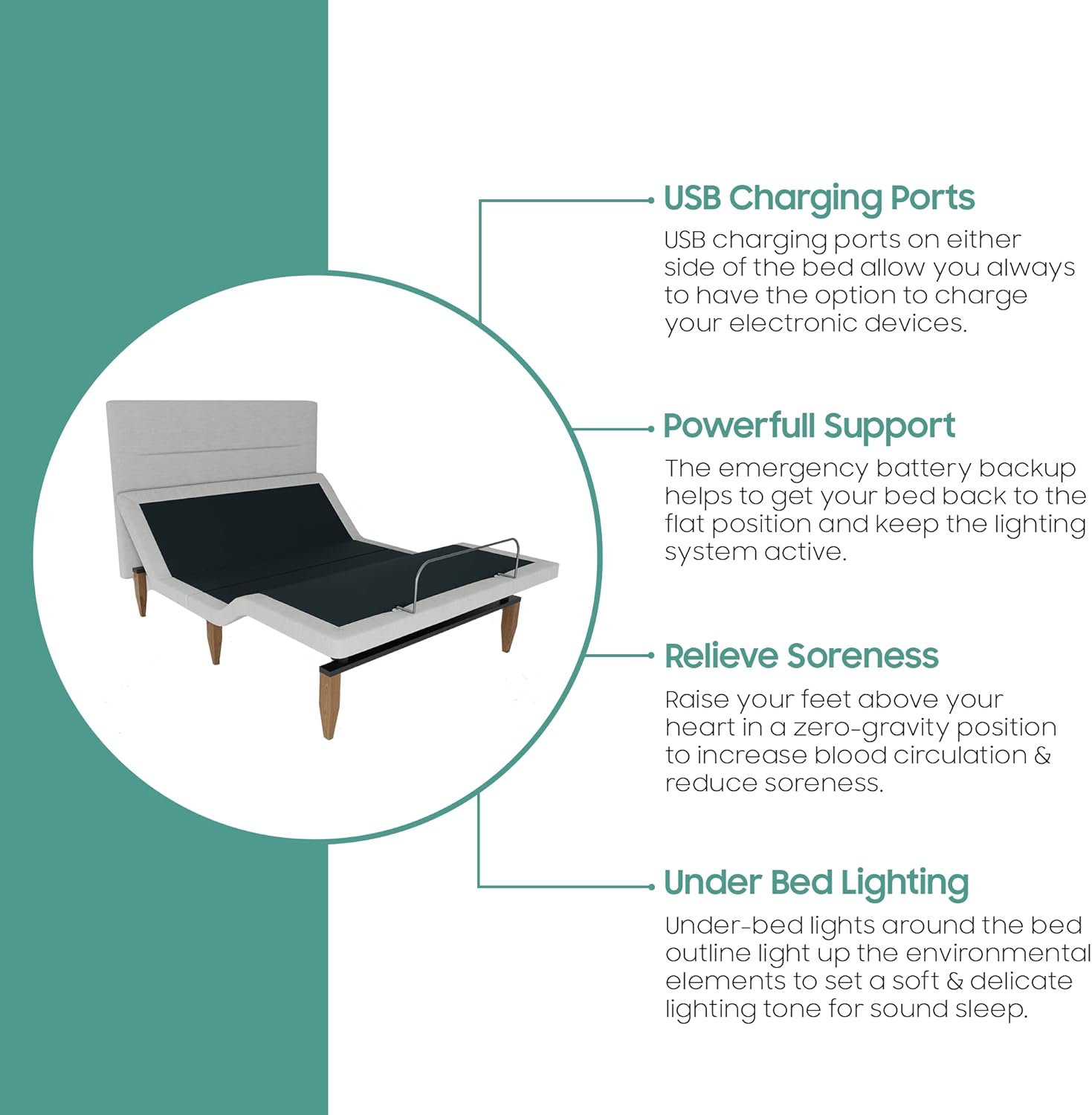 Treaton Adjustable Bed Base 15-inch with Wireless Controlling System, Stylish Headboard with USB Charging Facilities, Led Lights, Head and Foot Incline, Messager System, Twin, Beige