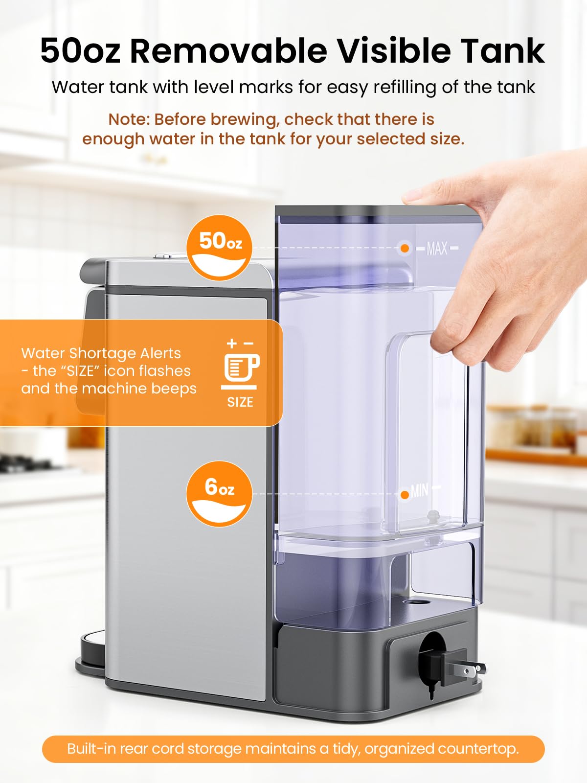 Karosie K Cup Coffee Maker, Hot & Iced Coffee Maker for K Cup and Grounds, 6-14 Oz Brew Sizes, 50oz Removable Tank, Single Cup Coffee Maker with Descaling Reminder, Stainless Steel, Black — view 7