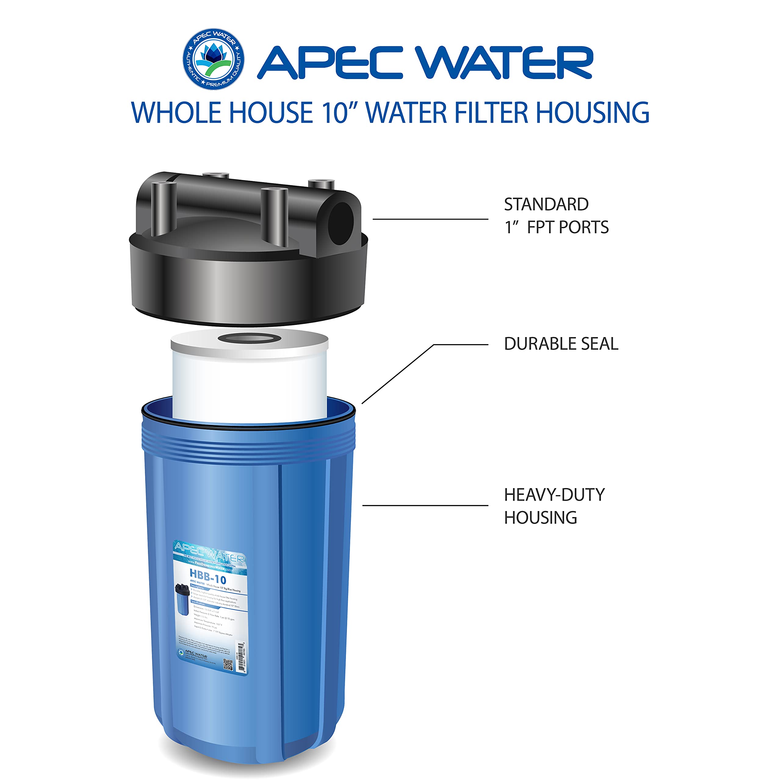 APEC Water Carcasa de filtro de agua HBB-10 para toda la casa, 4.5 x 10 pulgadas | Entrada/salida de 1 pulgada, tapa de polipropileno duradera, construcción resistente a los químicos, diseño de gran capacidad