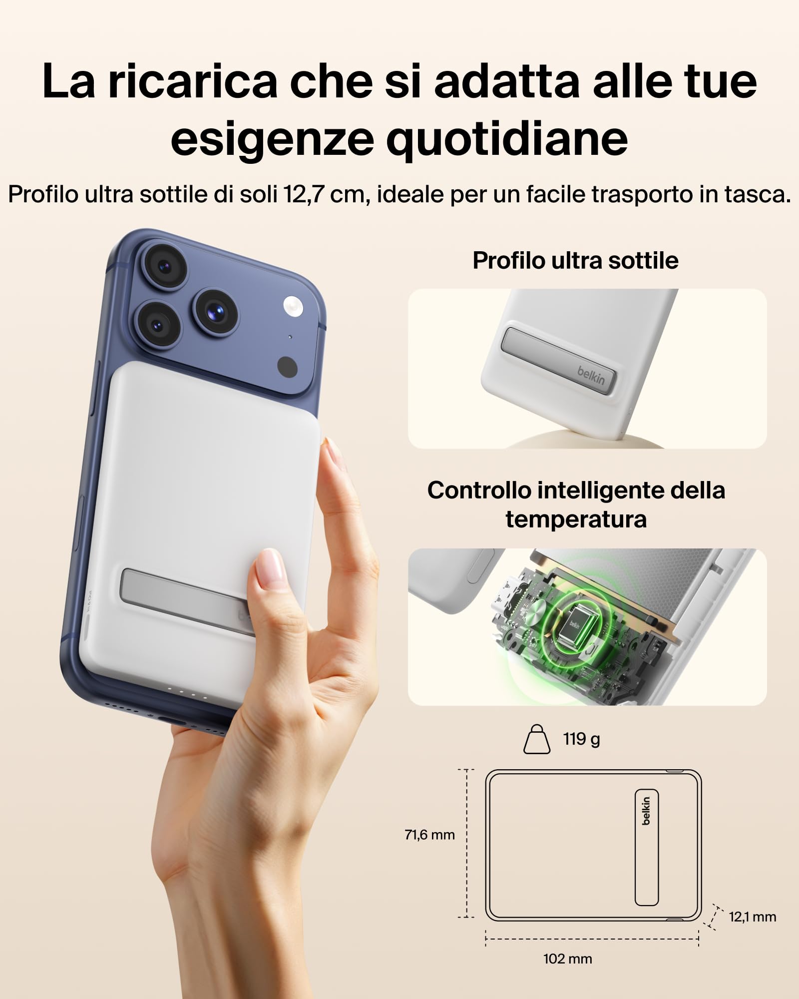 Belkin BoostCharge Power Bank Magnetico Sottile 5000mAh, Supporto - Bianco | Caricatore Portatile 5000mAh Wireless Qi2, Anello Magnetico, 1 USBC, Pre-Caricato, Leggero, Cavo Incluso, Sicuro per l'Aereo