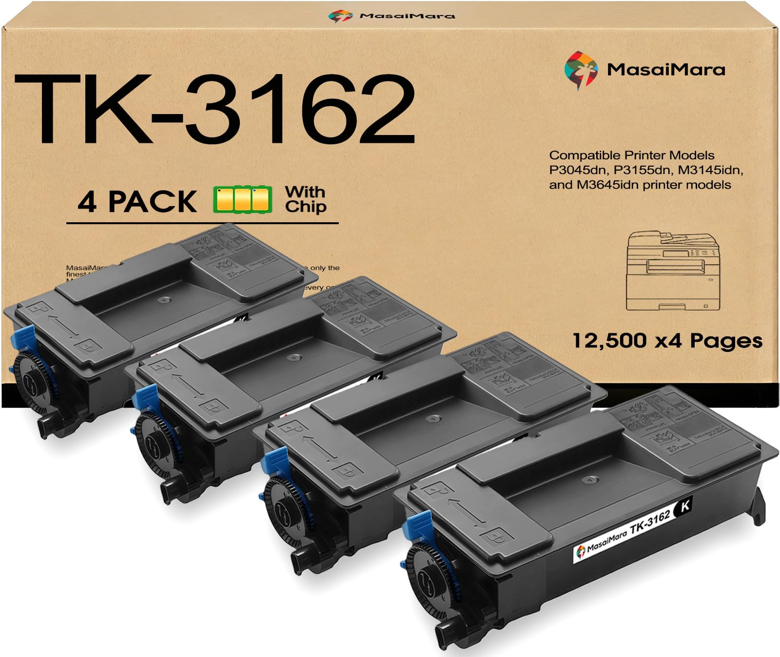 MasaiMara TK-3162 TK3162 TK 3162 1T02T90US0 Compatible Toner Cartridges for Kyocera ECOSYS P3045dn P3155dn M3145idn M3645idn Printer (Black, 4-Pack)