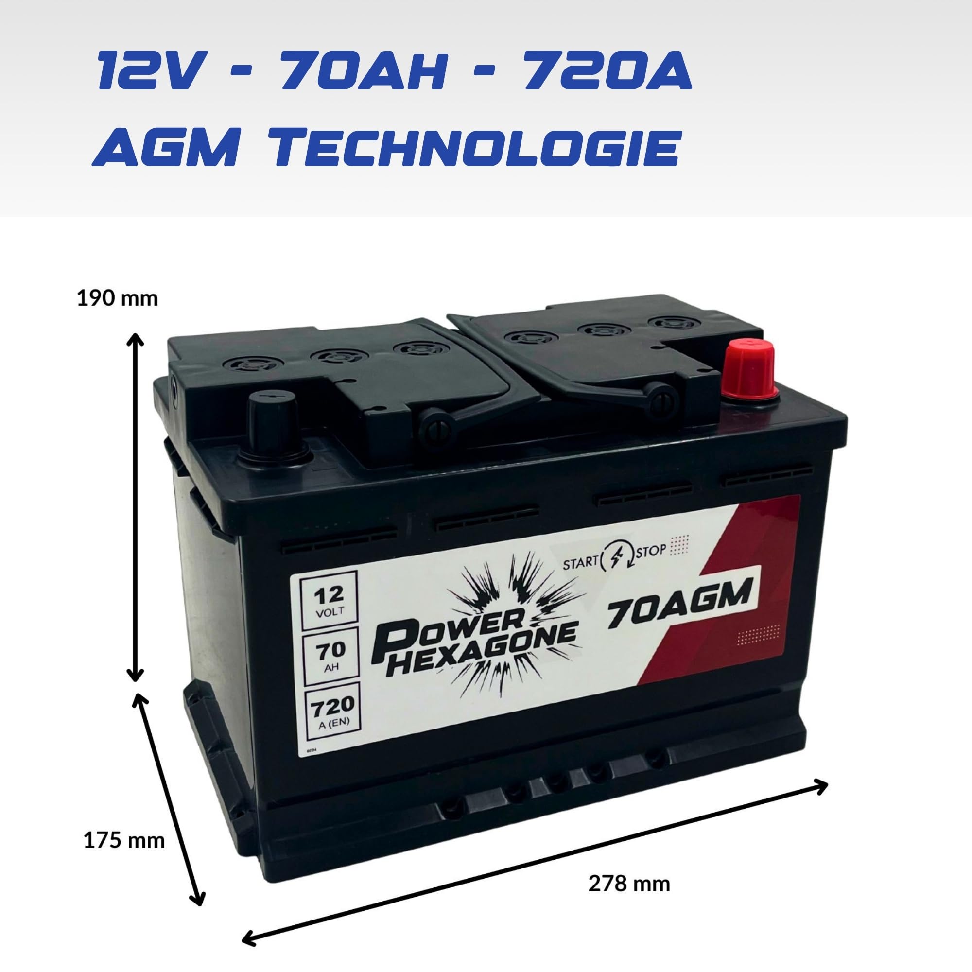 Batterie 12V 70 Ah AGM Start & Stop - Démarrage de 720A - Auto Sans Entretien - Format L3 pour Véhicules Récents Start & Stop - Remplacement batterie Origine - Power Hexagone